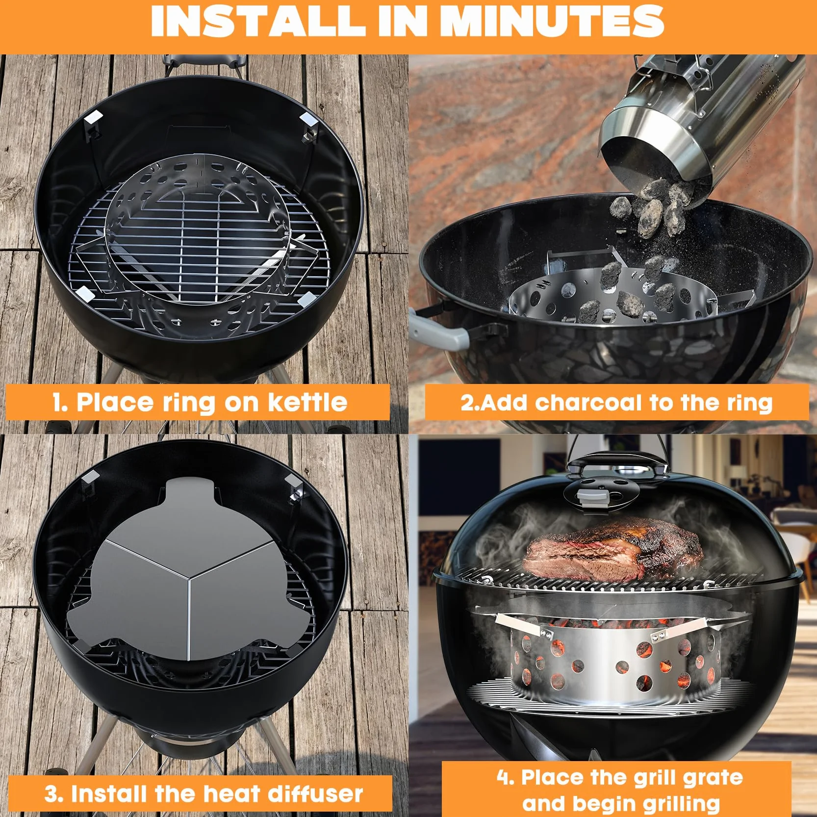 Onlyfire Kit de Fumage en Acier Inoxydable pour Barbecue Weber 57 cm, Boîte à Charbon avec Réflecteur de Chaleur