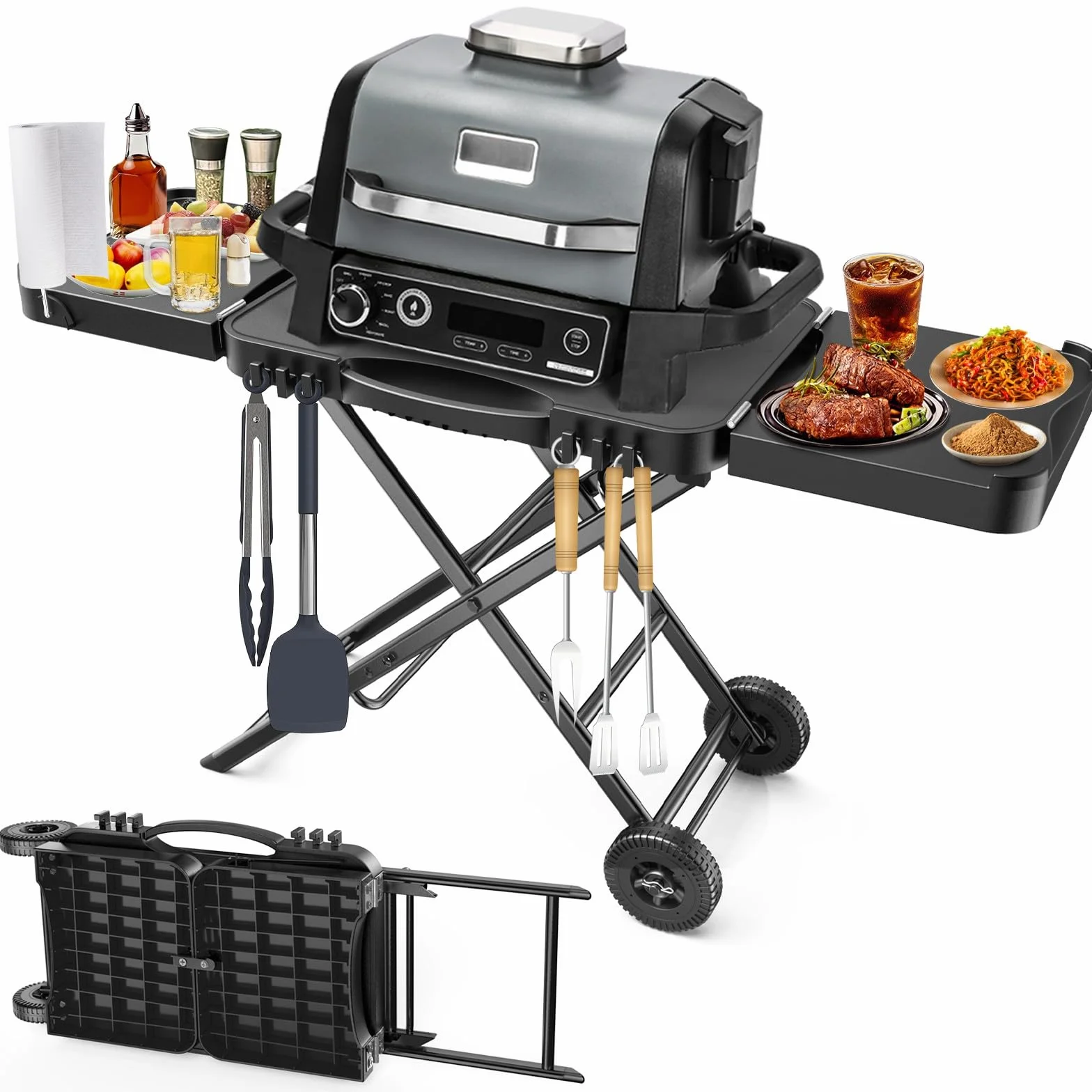 Chariot de barbecue pliable, chariot de cuisine extérieur mobile avec plan de travail en acier inoxydable, roues, 2 étagères et 6 crochets, compatible avec Ninja Woodfire, Weber Q, Blackstone