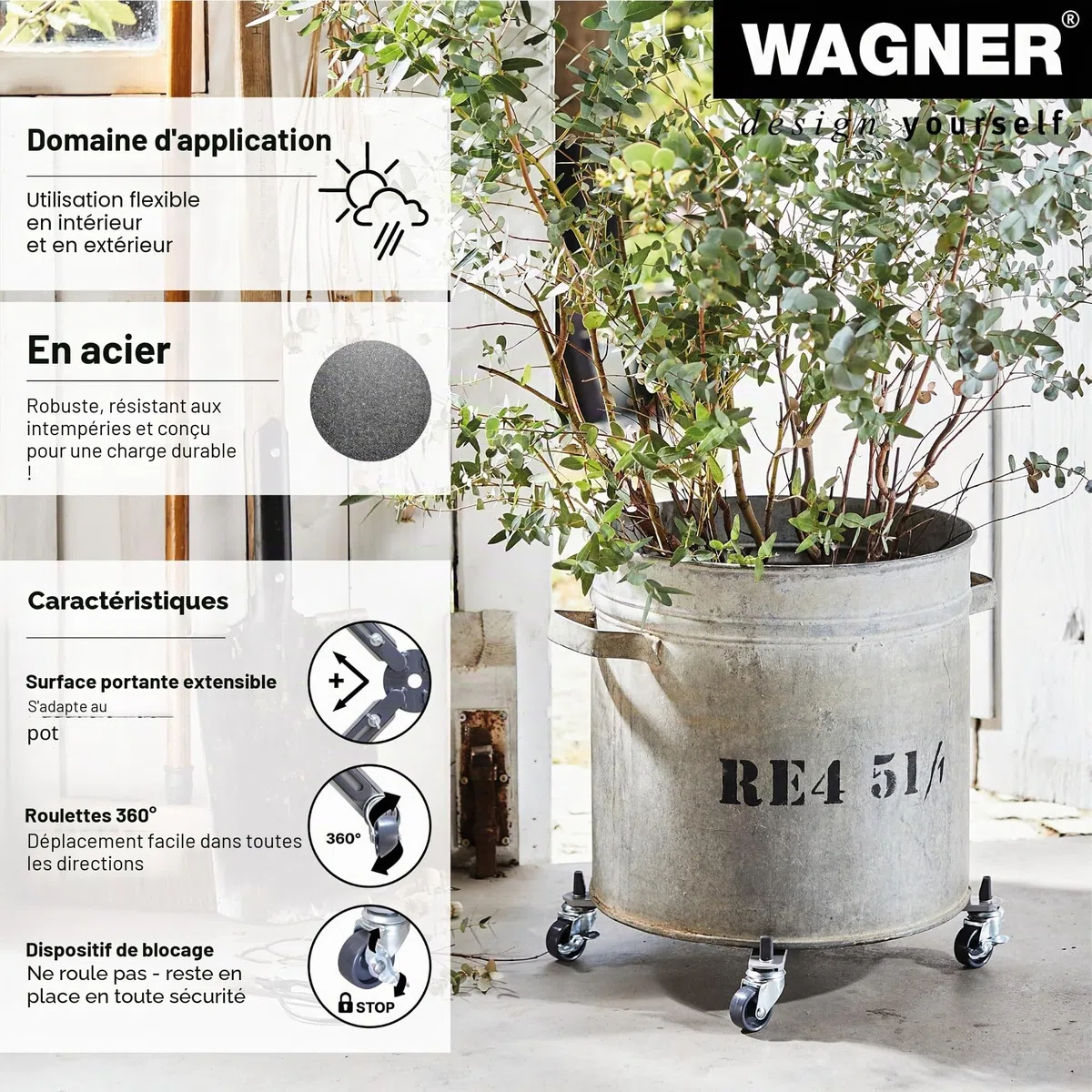 Wagner Support à roulettes pour Pot de Fleur Sun City Basic Surface Disponible 32-46 x 6 cm I Extensible en continu, 2 Freins I en Acier I intérieur + extérieur I Capacité de Charge 100 kg- 20082701
