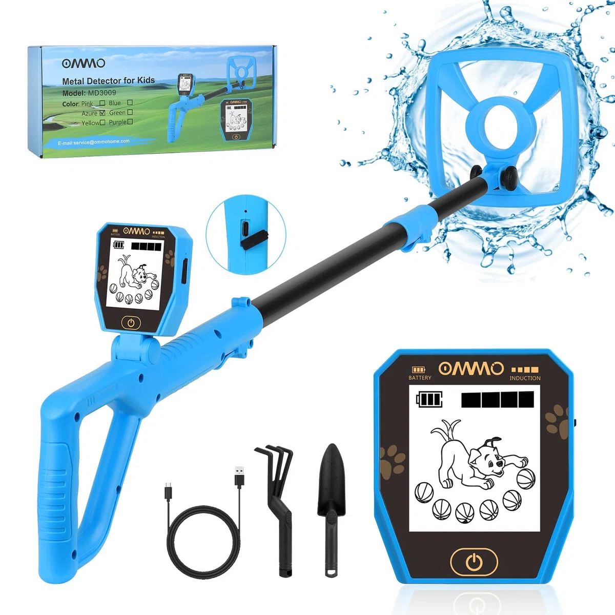 【Type-C】 OMMO Détecteur de Métaux Enfants, 72-100cm Réglable Détecteur de Métaux Rechargeable avec Écran LCD, Haute Sensibilité, IP67 Étanche pour Exploration en Plein Air, Recherche de Métaux (Bleu)