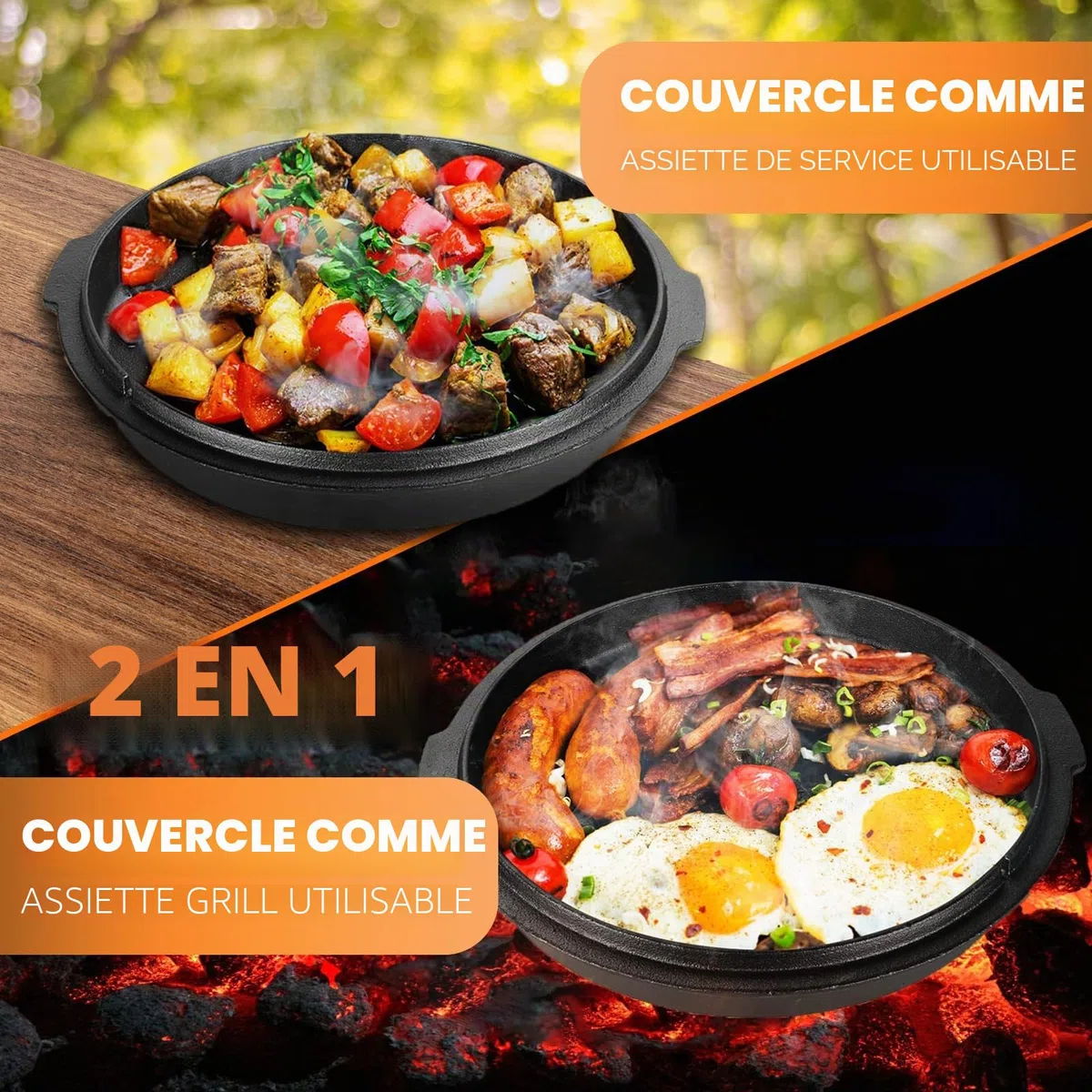 Faitout hollandais 9 litres, double fonction, fonte, pré-assaisonné, avec lifter, noir