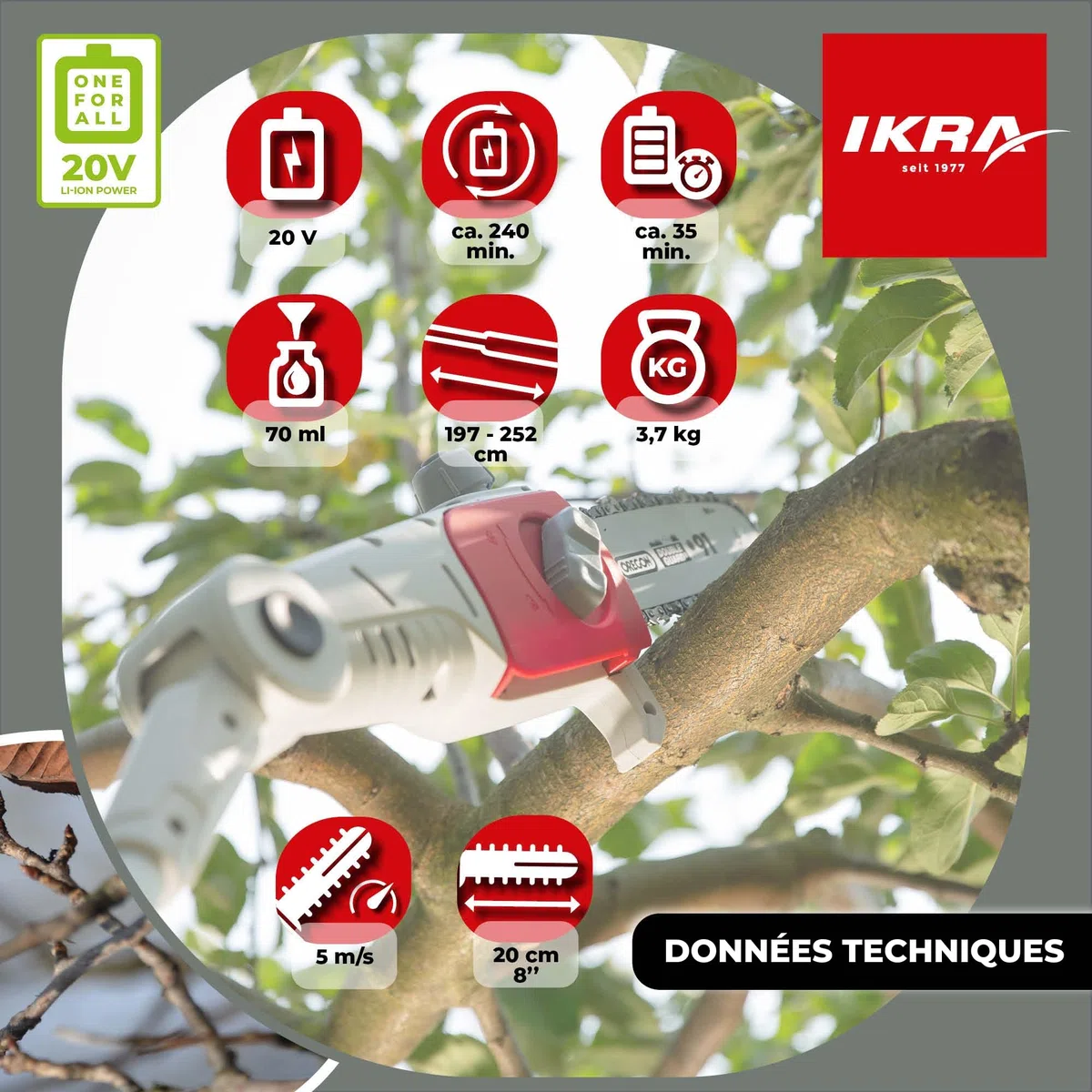 Ikra élagueuse télescopique sur batterie ICPS 2020, longueur de coupe 20cm, autonomie 40 min