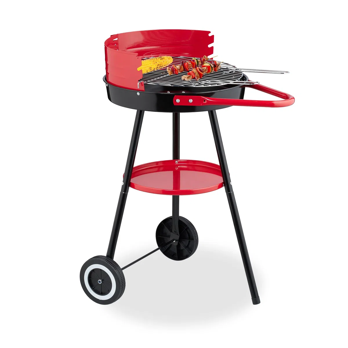 Relaxdays Barbecue Charbon de Bois Ø 42 cm, Grill Rond sur Roues, Protection Contre Le Vent, Noir/Rouge
