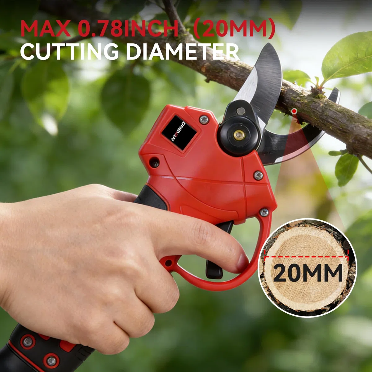 ONEVAN Sécateur électrique sans fil - Diamètre de coupe : 25 mm - Sans balais - Sans fil et léger - Avec 2 batteries de 1,5 Ah - Lames SK5 - Sécateur sans fil pour jardin, arbre, haie