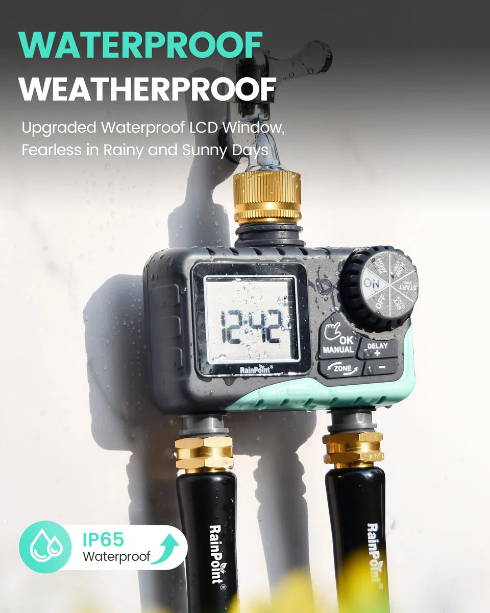 RAINPOINT Minuteur d'arrosage à 2 sorties, minuterie d'eau pour tuyau d'arrosage, pour arrosage extérieur, retard de pluie/contrôleur de système manuel/automatique entrée en laiton, V2