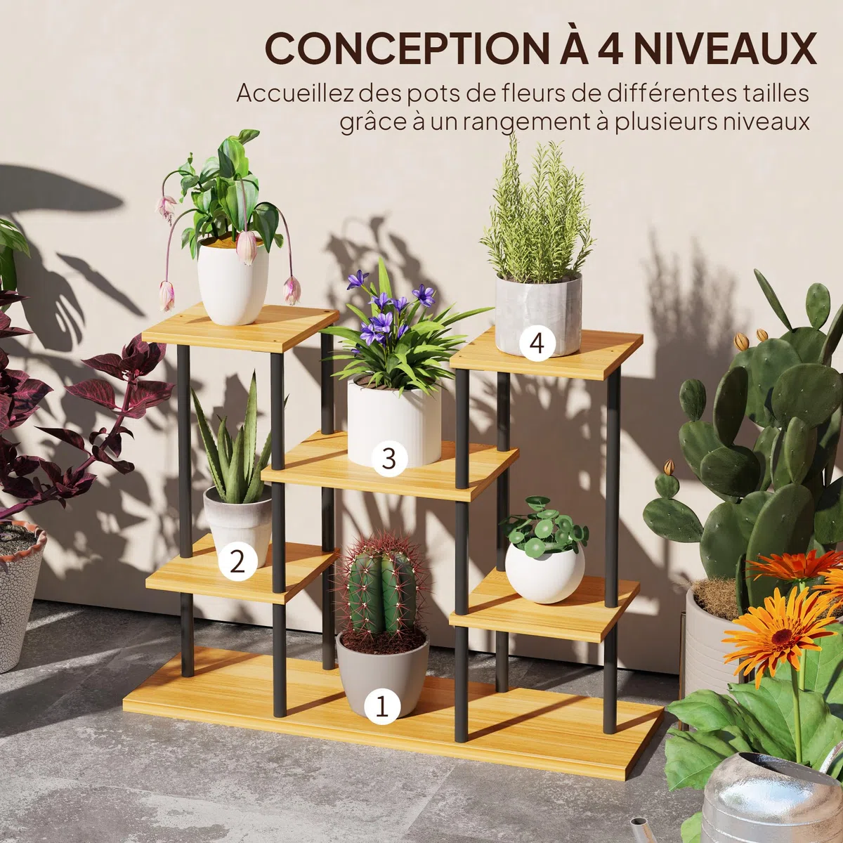 Outsunny Support plantes intérieur, étagère plante à 6 niveaux, cadre en acier base en bois massif, porte plante pour salon, balcon, jardin, bois naturel