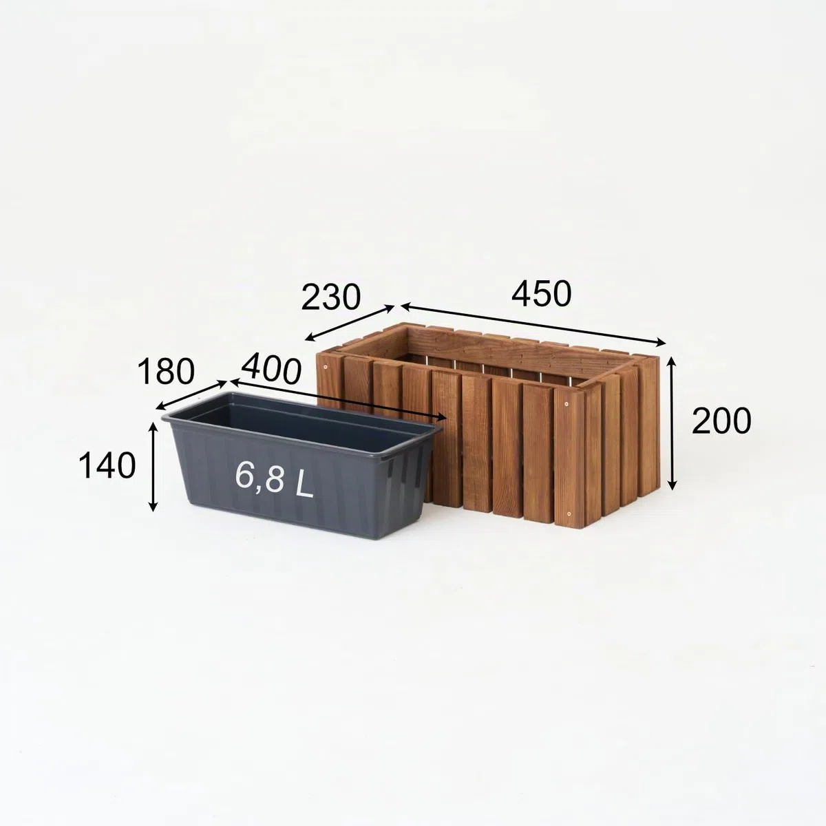 Jardinière en bois rectangulaire – imprégnée marron, avec insert en plastique amovible – Pot de fleurs pour balcon, jardin et terrasse (Vertical marron, 45x23 H20)