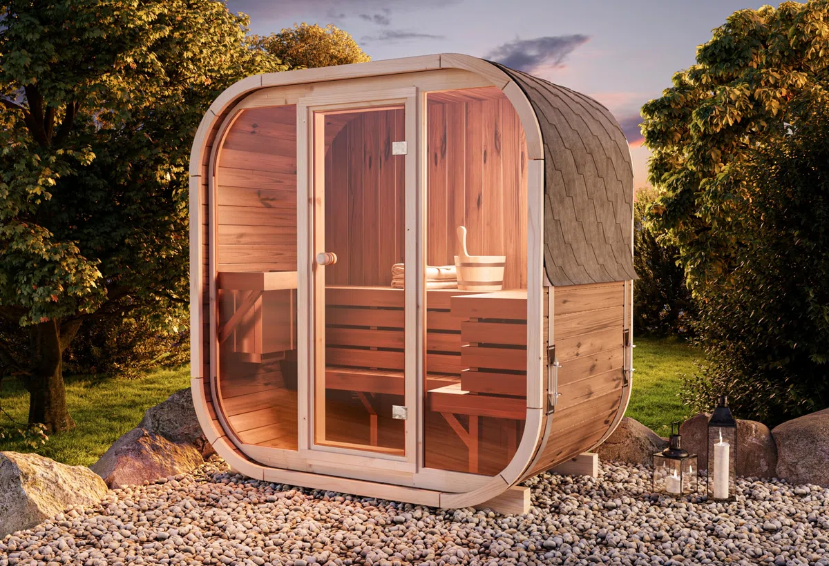 Fasssauna Ellipso M, Moderne Sauna d’Extérieur Incl. Couverture de Toit, Compacte Sauna de Jardin avec Façade en Verre, Sauna d’Extérieur : 196 x 119 x 203 cm (l x p x h), 3 Personnes