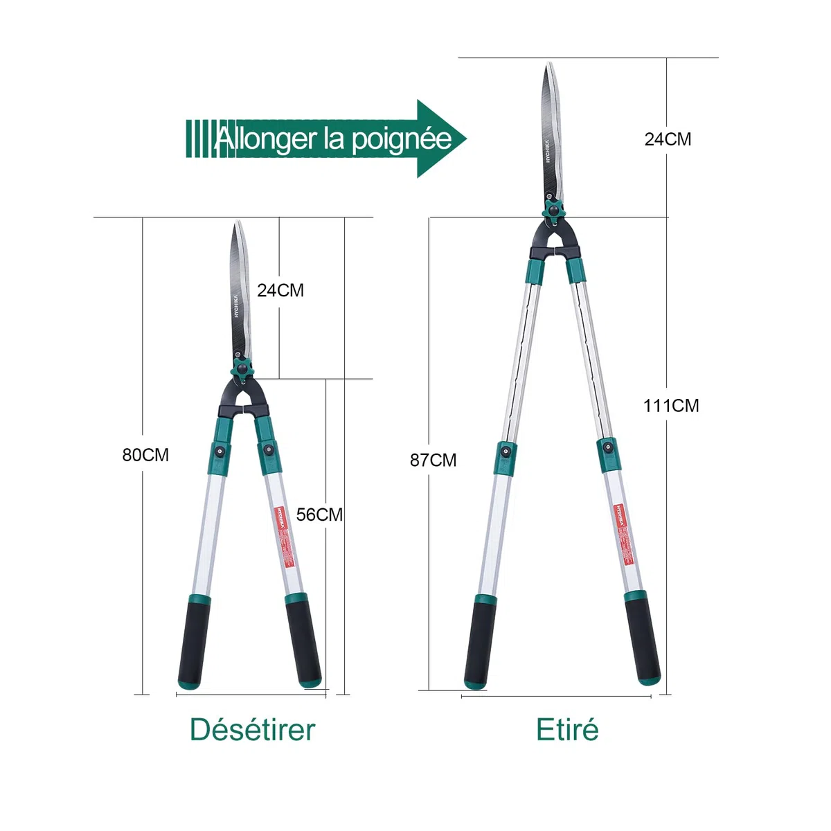 HYCHIKA Cisaille Haie Telescopique 111CM, Taille Haie Manuel, Cisailles à Haies, Lames en Acier Trempé, Lames de 214 MM, Cisaille de Jardin Pour Tailler les Haies et les Buissons