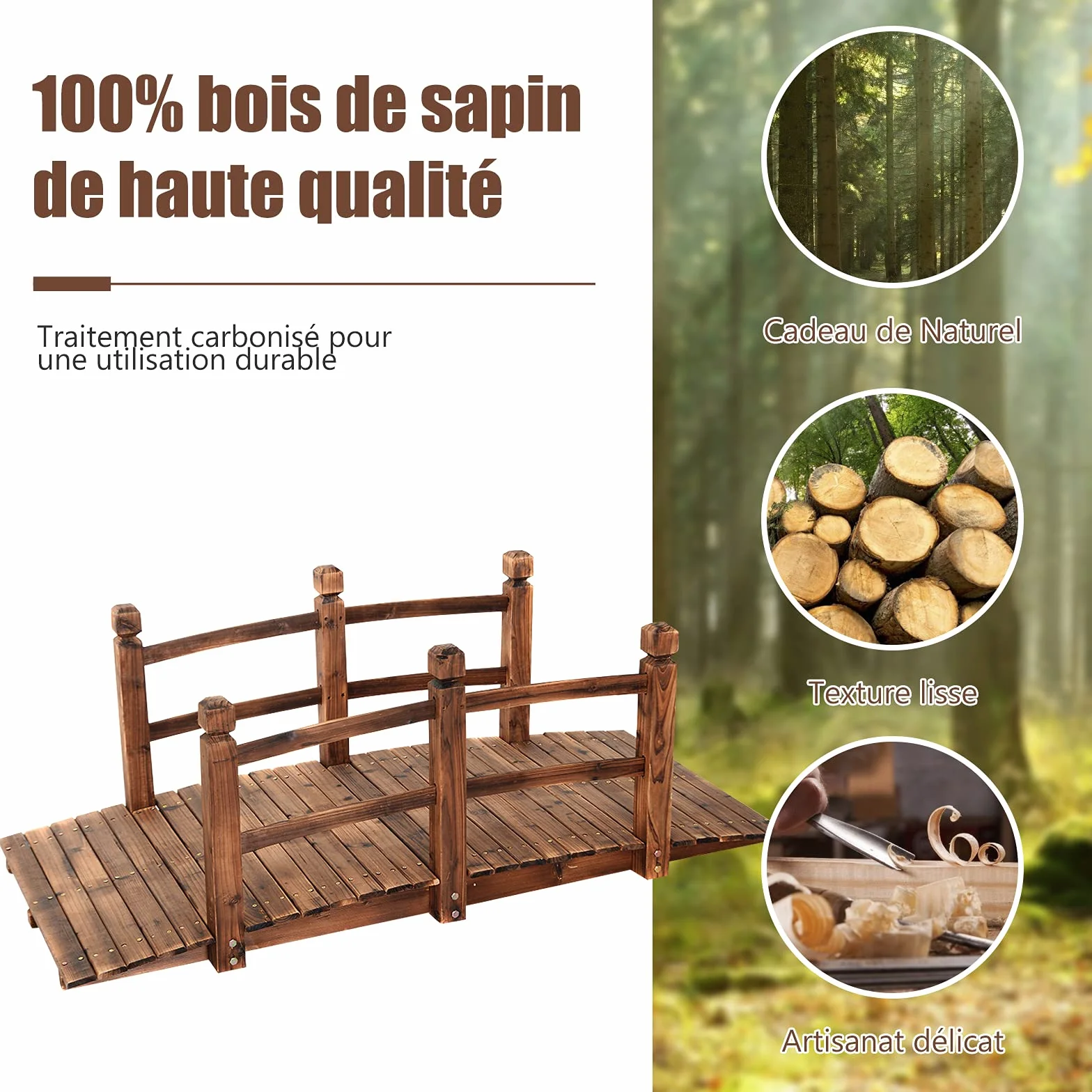 GOPLUS Pont en Bois Rustique et Massif avec Main Courante, Décoration de Jardin Pont d'Étang, Supporte de Poids Maximum 100 KG, 150 x 67 x 55CM (Brun)