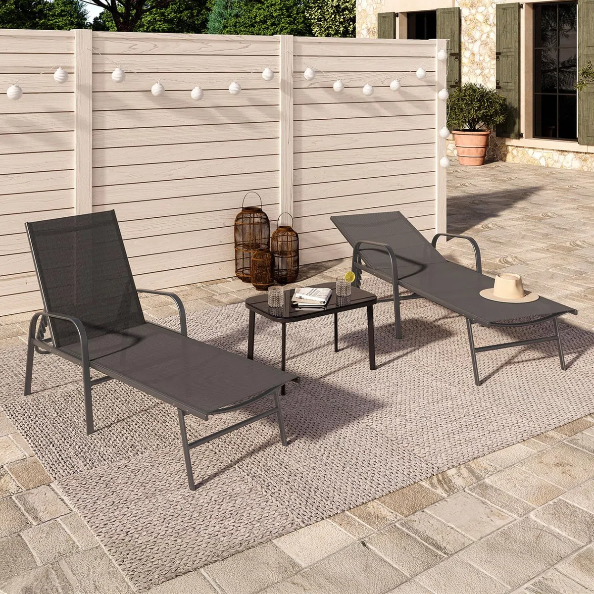IDMarket - Lot de 2 transats de Jardin inclinables Fidji en Acier Gris Anthracite et Toile Grise