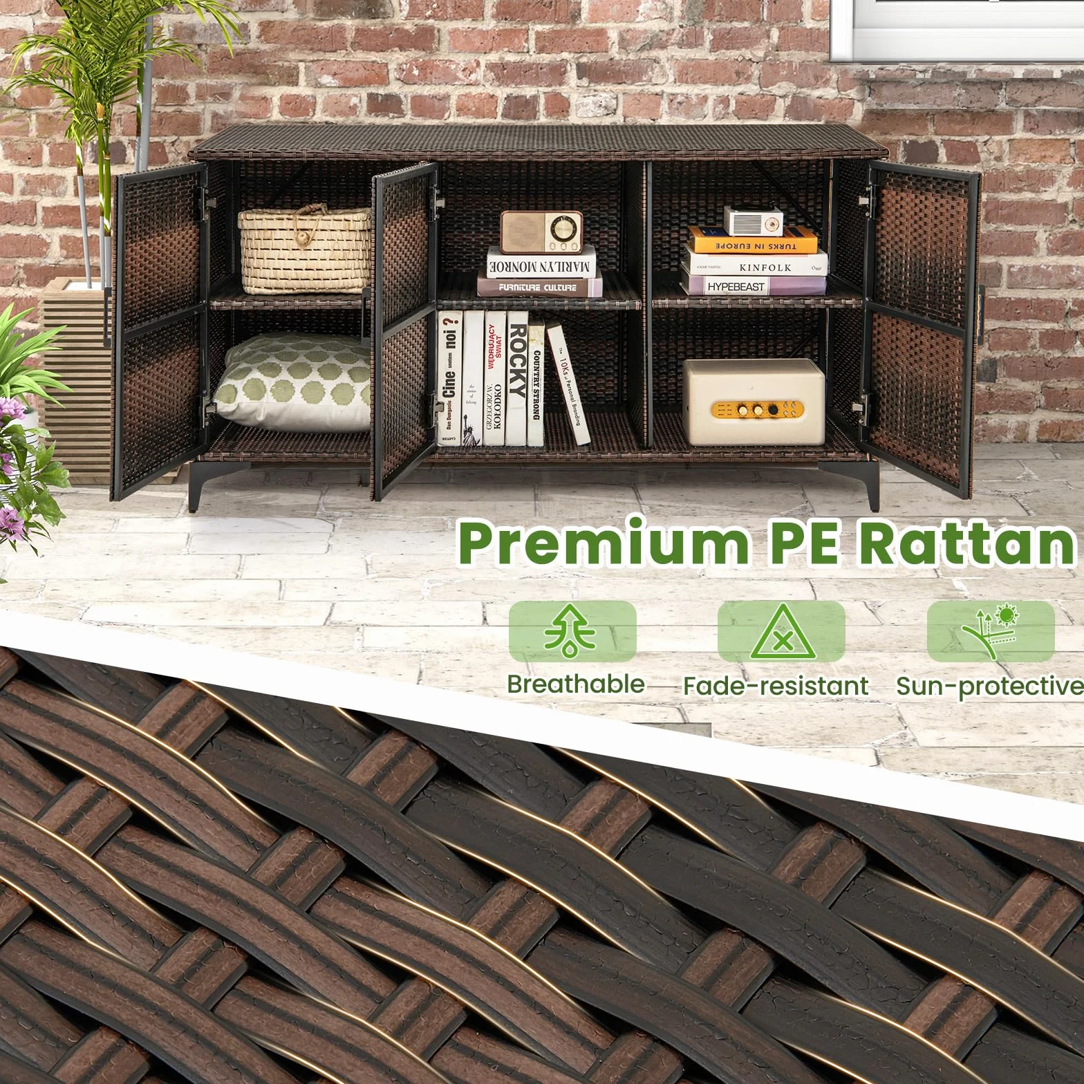 GIANTEX Armoire de jardin en rotin Wicker avec 3 portes et étagères amovibles, armoire d'extérieur imperméable pour coussins, jeux de piscine, outils de jardinage (marron)