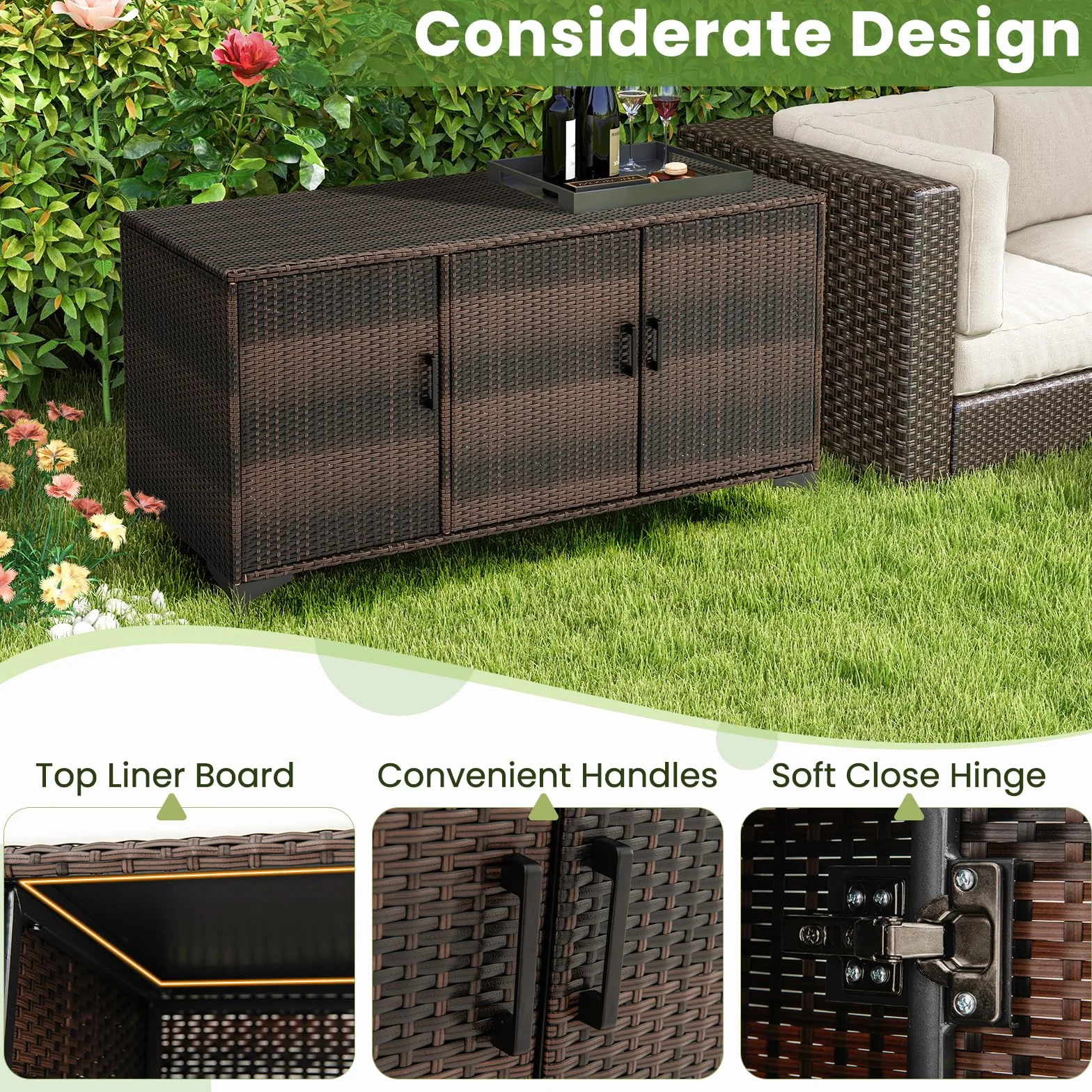 GIANTEX Armoire de jardin en rotin Wicker avec 3 portes et étagères amovibles, armoire d'extérieur imperméable pour coussins, jeux de piscine, outils de jardinage (marron)