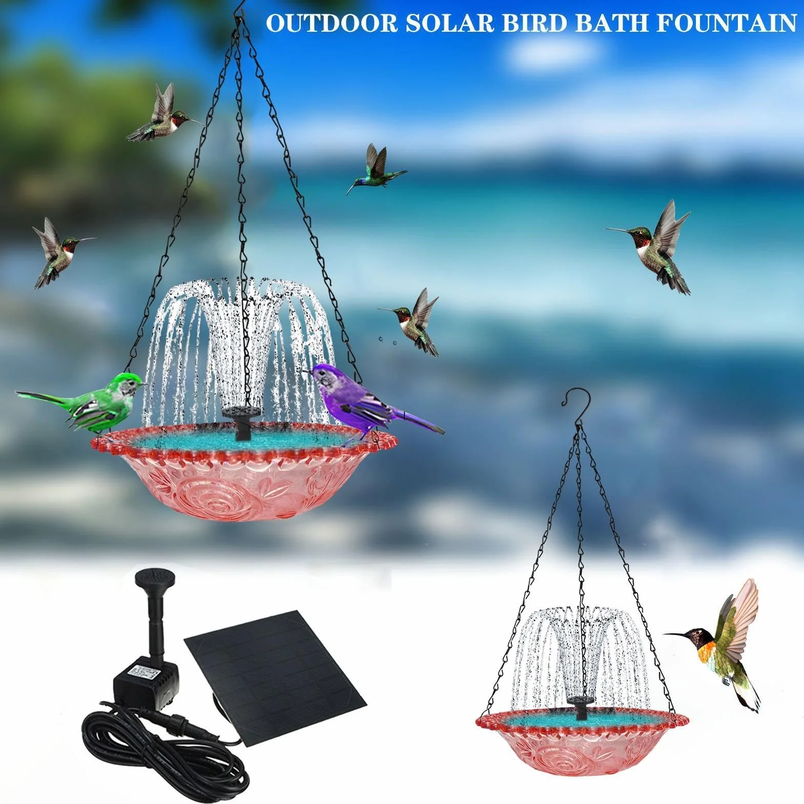 Bain d'oiseaux d'extérieur avec pompe solaire, fontaine décorative pour colibri rouge-gorge moineau
