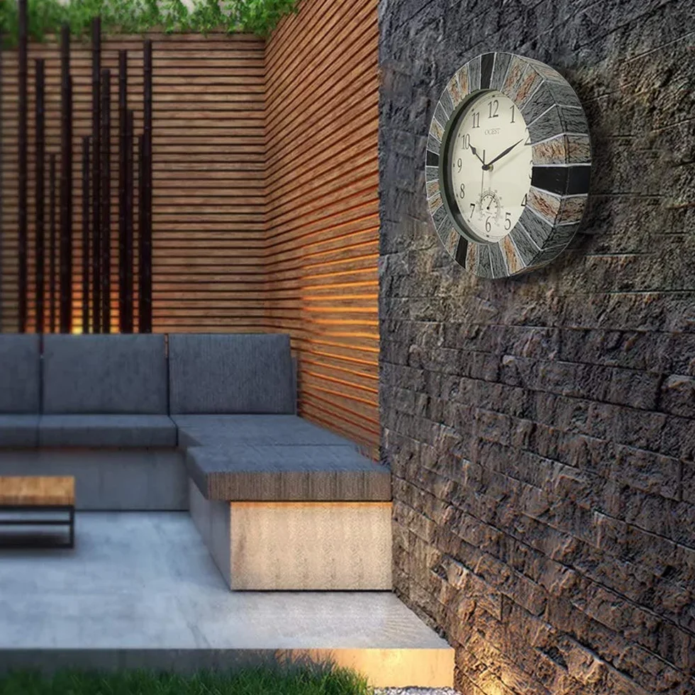 OCEST Horloges de jardin étanches de 33 cm, grande horloge murale rétro avec thermomètre, fonctionne à piles, horloges décoratives sans tic-tac, pour terrasse, piscine, cuisine
