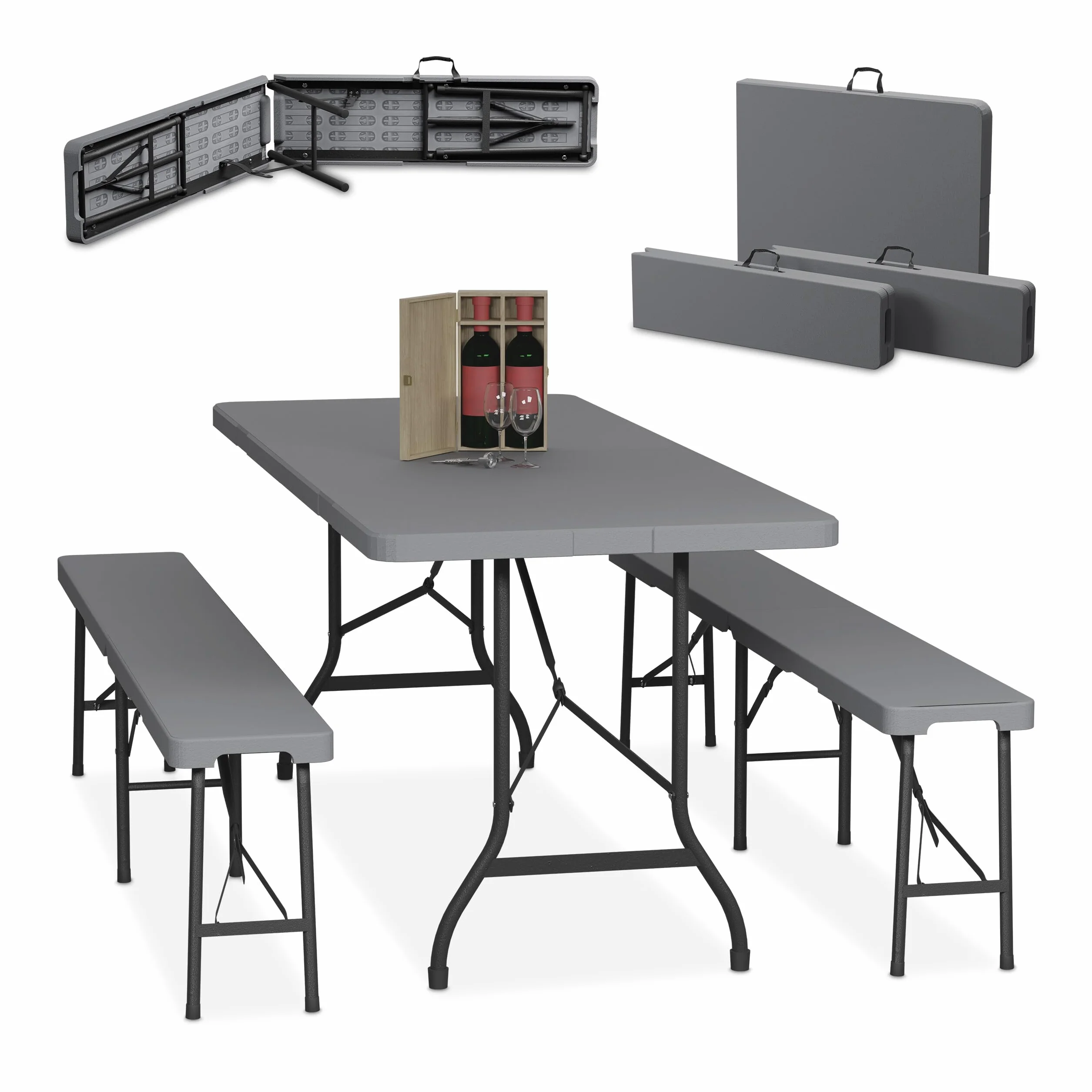 Relaxdays Ensemble Table Pliante et 2 bancs, pour Jardin, pavillon ou Camping, 180 cm, pour Les fêtes, Gris