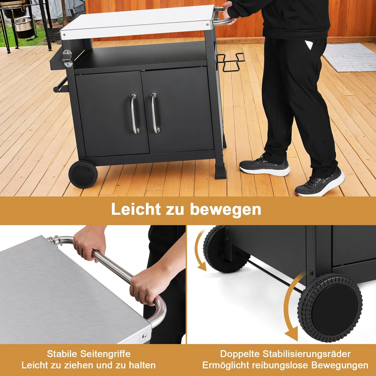 LIFERUN Chariot de Barbecue en Acier Inoxydable,Table de Barbecue avec Crochets, 2 roulettes et Armoire, Desserte Extérieure 3 Niveaux Plateau de Table INOX, Chariot BBQ pour Terrasse et Four à Pizza