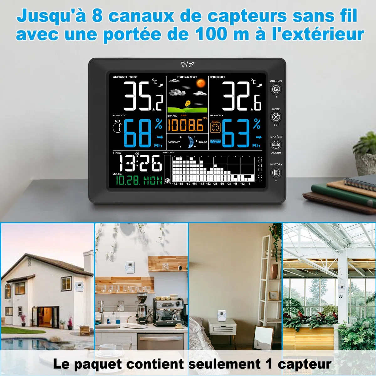 Urageuxy Station Meteo Sans Fil avec Capteur Extérieur Grand Écran Couleur, Thermomètre Intérieur Extérieur, Hygromètre, Prévisions Météo, Portée 100M, Pression Atmosphérique, Radio-Réveil DCF, Alarme