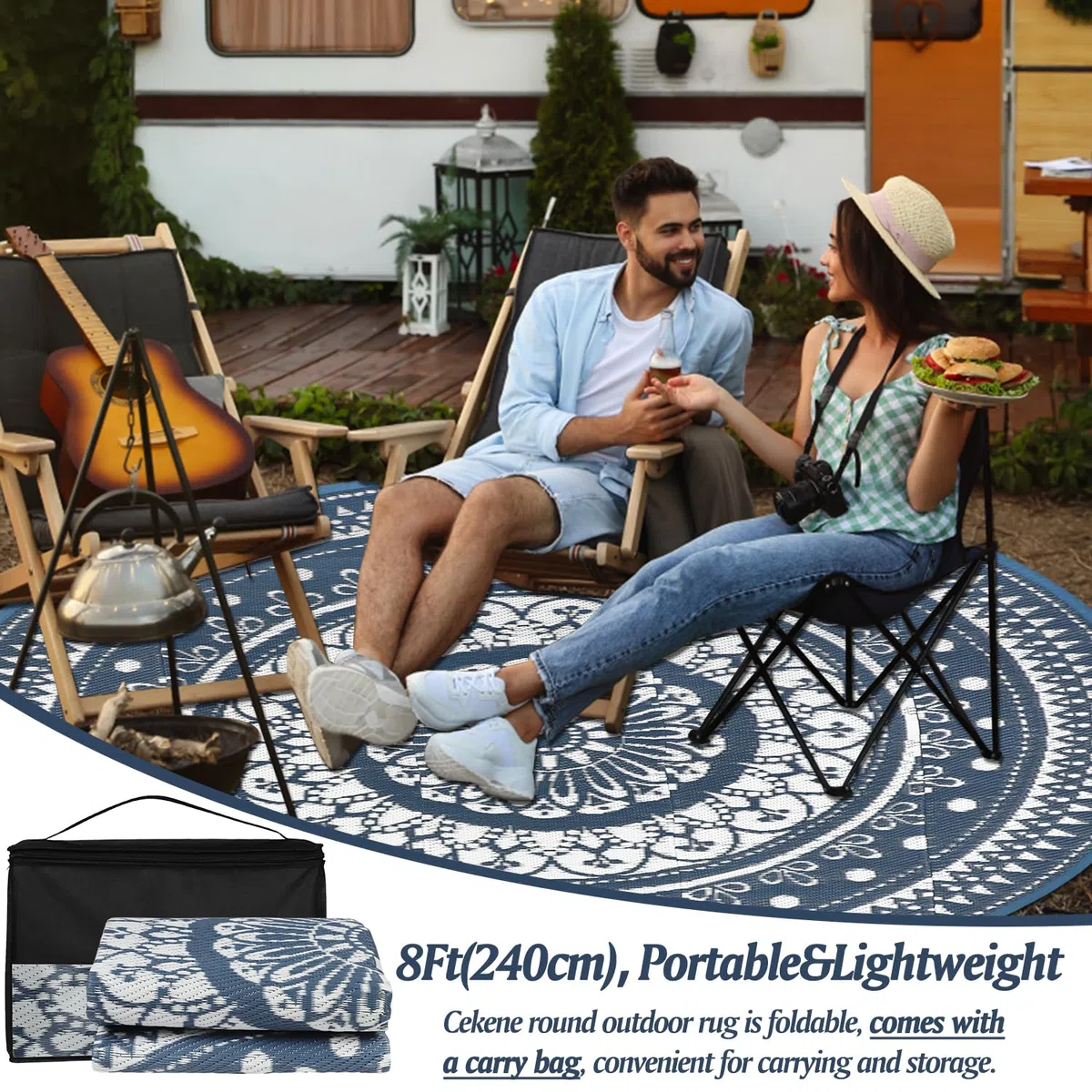 Cekene Grand tapis d'extérieur rond imperméable, réversible, en plastique, facile à nettoyer, pour extérieur, terrasse, jardin, camping-car, remorque, terrasse, pique-nique - Bleu - 240 cm