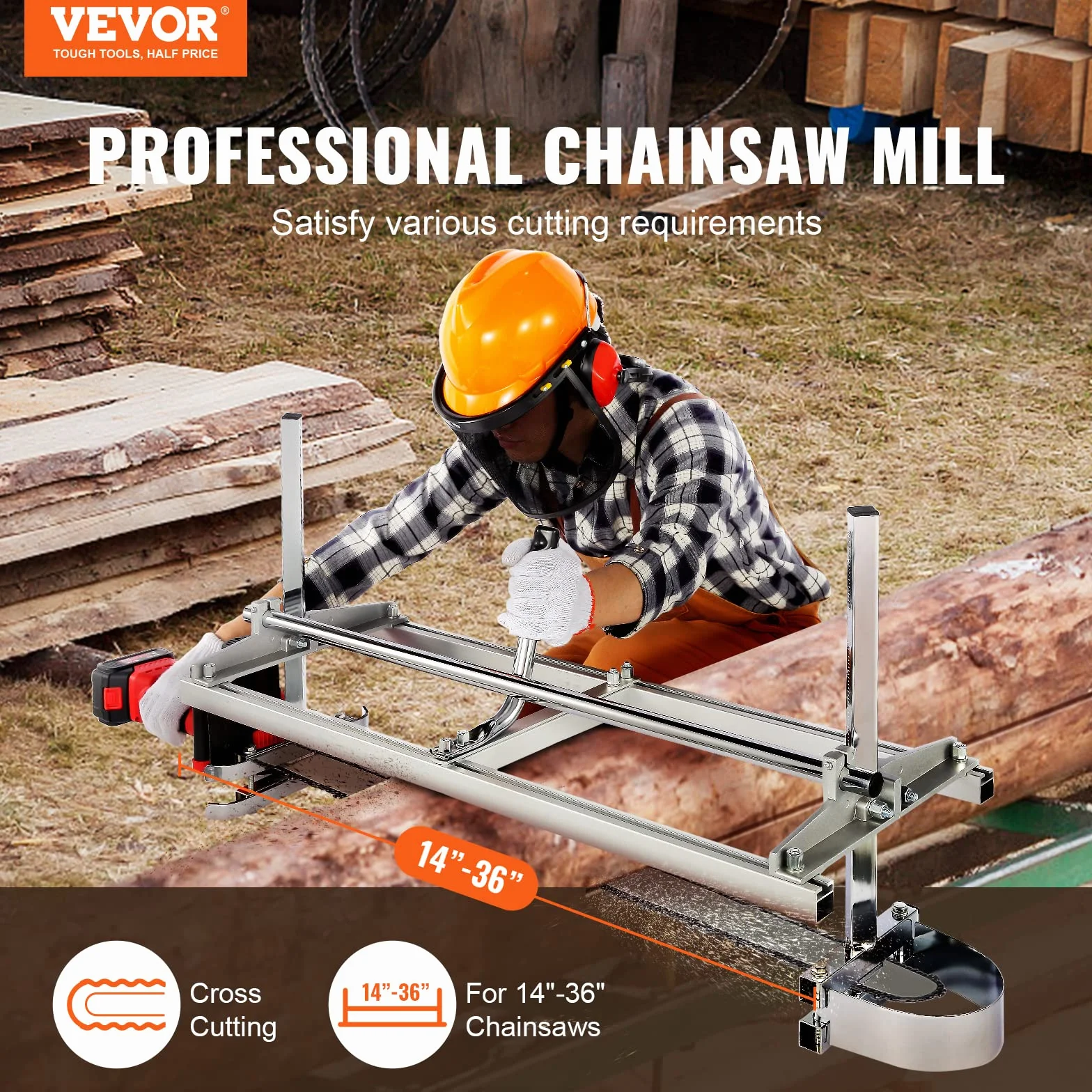 VEVOR Gruminette Scierie Mobile Portable 355-914 mm Barre de Guidage en Acier Galvanisé avec Épaisseur de Coupe 5,08-300 mm Coupe Transversale Moulin à Scie à Chaîne de Tronçonneuse pour Constructeurs