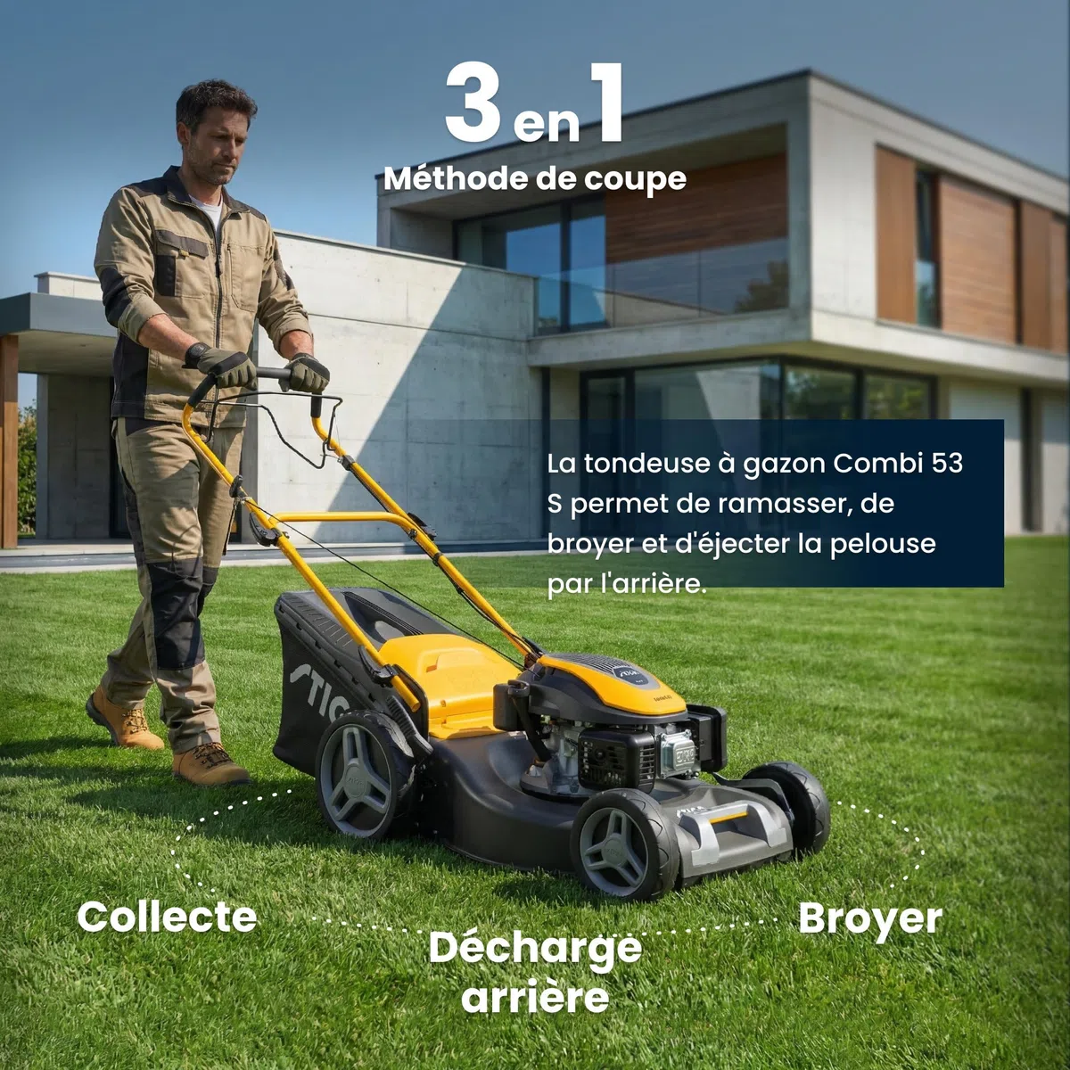 STIGA Combi 53 S a Tondeuse Thermique, 166 CC, 51 cm – Bac 60 l, Système 3-en-1 – Pelouses Moyennes et Grandes