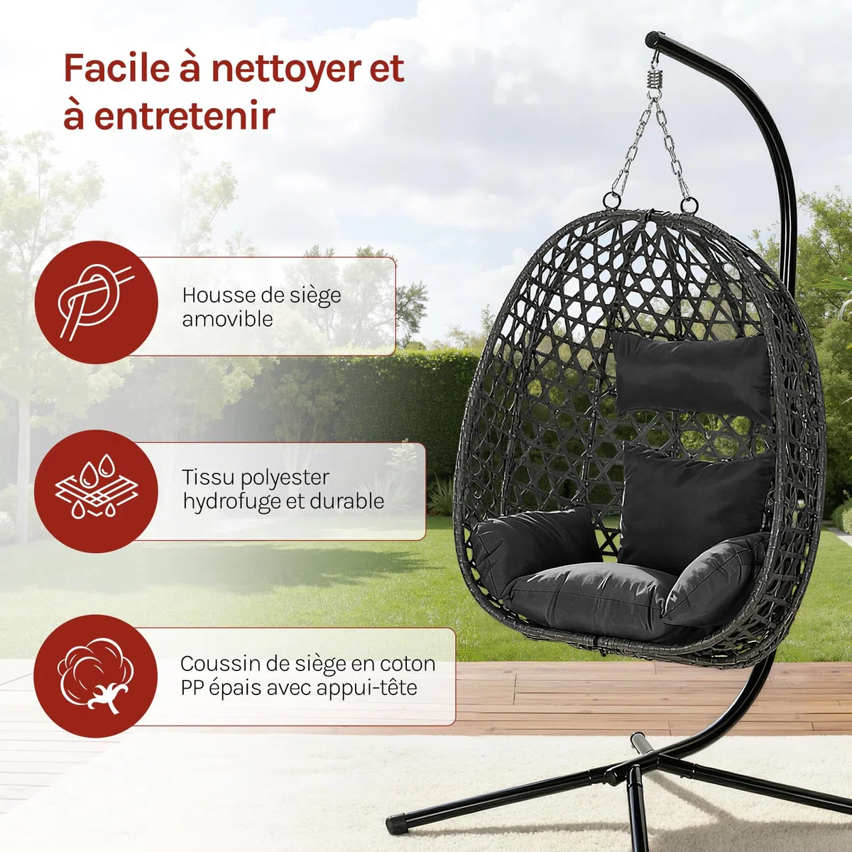 WOLTU Fauteuil Œuf Suspendu, Chaise Hamac Balançoire, avec Support en Métal, Coussin de Siège et Appui-tête, Charge 150 kg, Rotin PE, pour Jardin, Balcon, Terrasse, 102x100x196cm, Noir