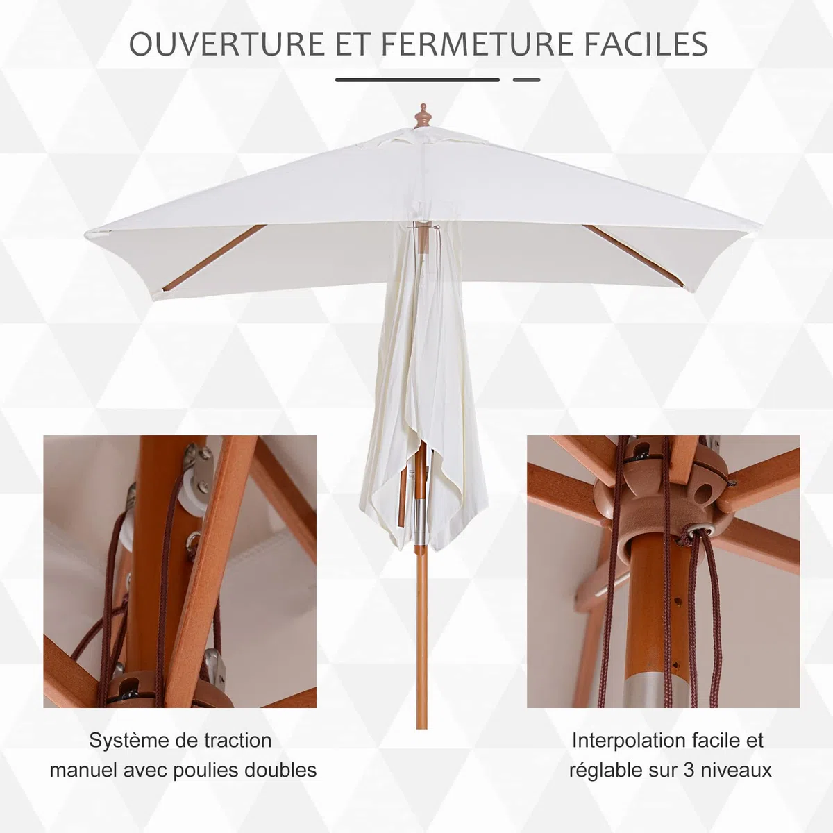 Outsunny Parasol de jardin extérieur Parasol rectangulaire inclinable bois polyester haute densité 2L x 1,5l x 2,3H m crème