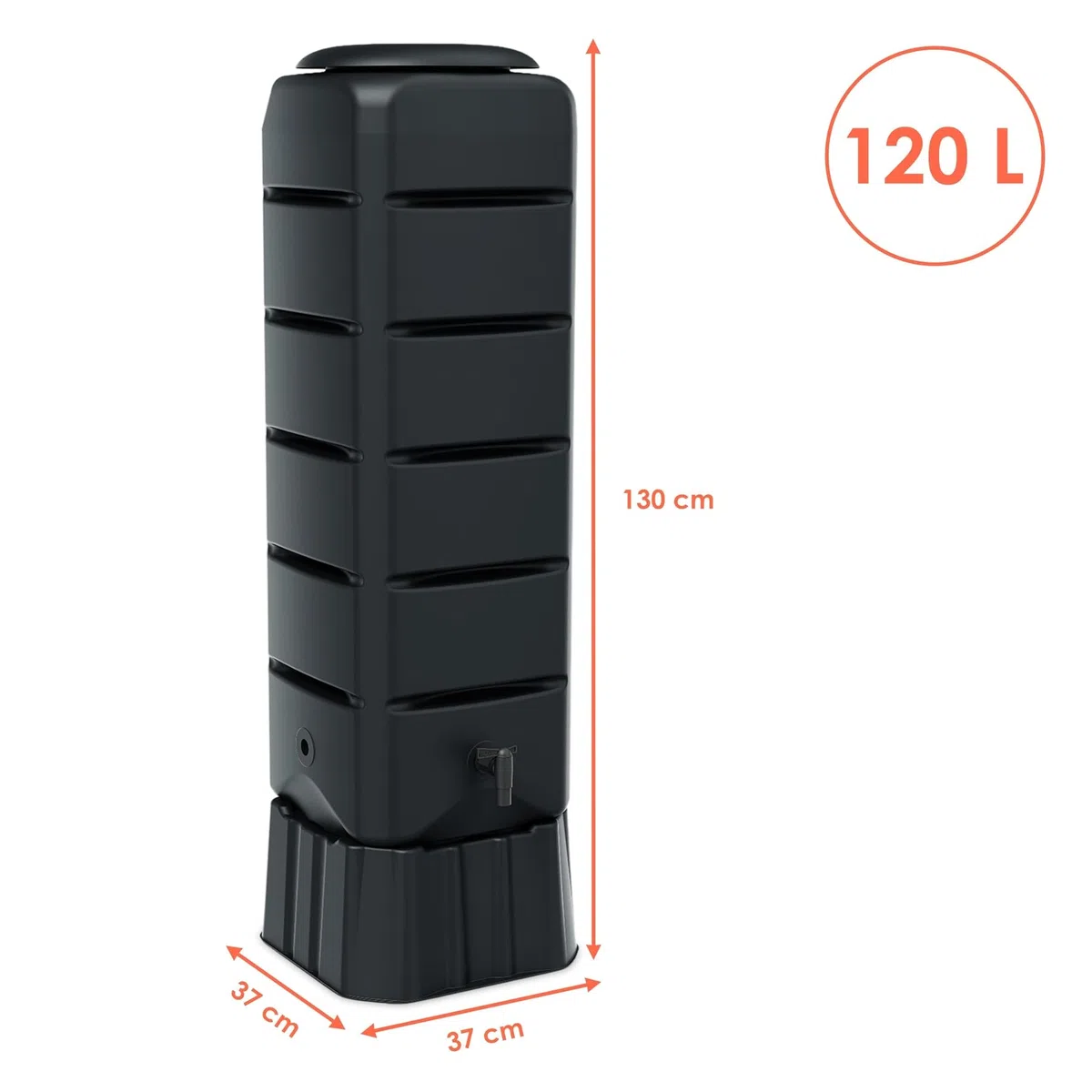 Récupérateur d'eau de pluie rectangulaire anthracite avec robinet et sangle de sécurité - 120 l - En plastique - Gris - 130 x 37 cm - Avec pied - Réservoir d'eau de pluie - Réservoir d'eau de jardin