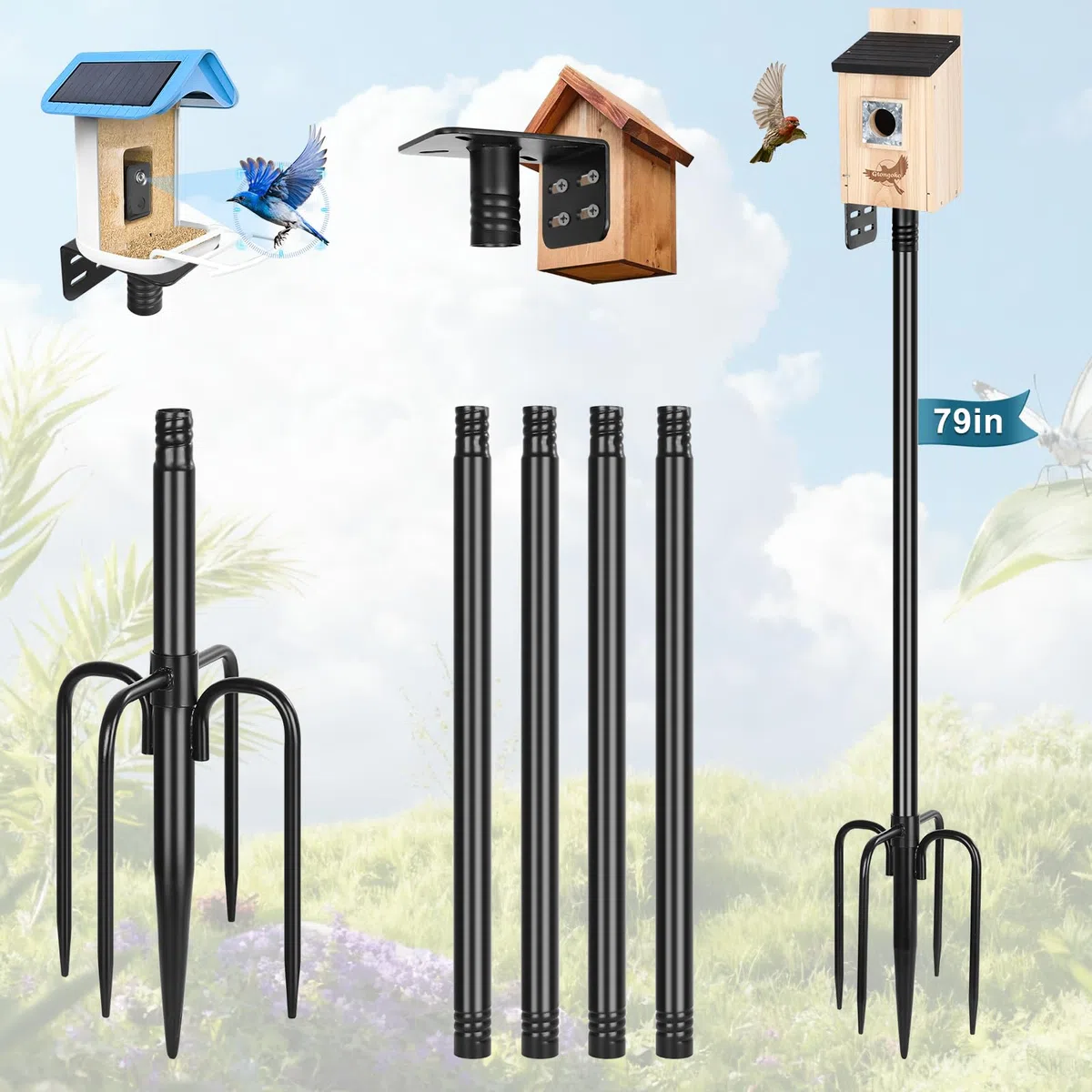 Gtongoko Poteau pour mangeoire à Oiseaux Intelligente, nichoir d’extérieur, Station météo, Poteau de Fixation en métal réglable et Robuste, Noir, 200 cm
