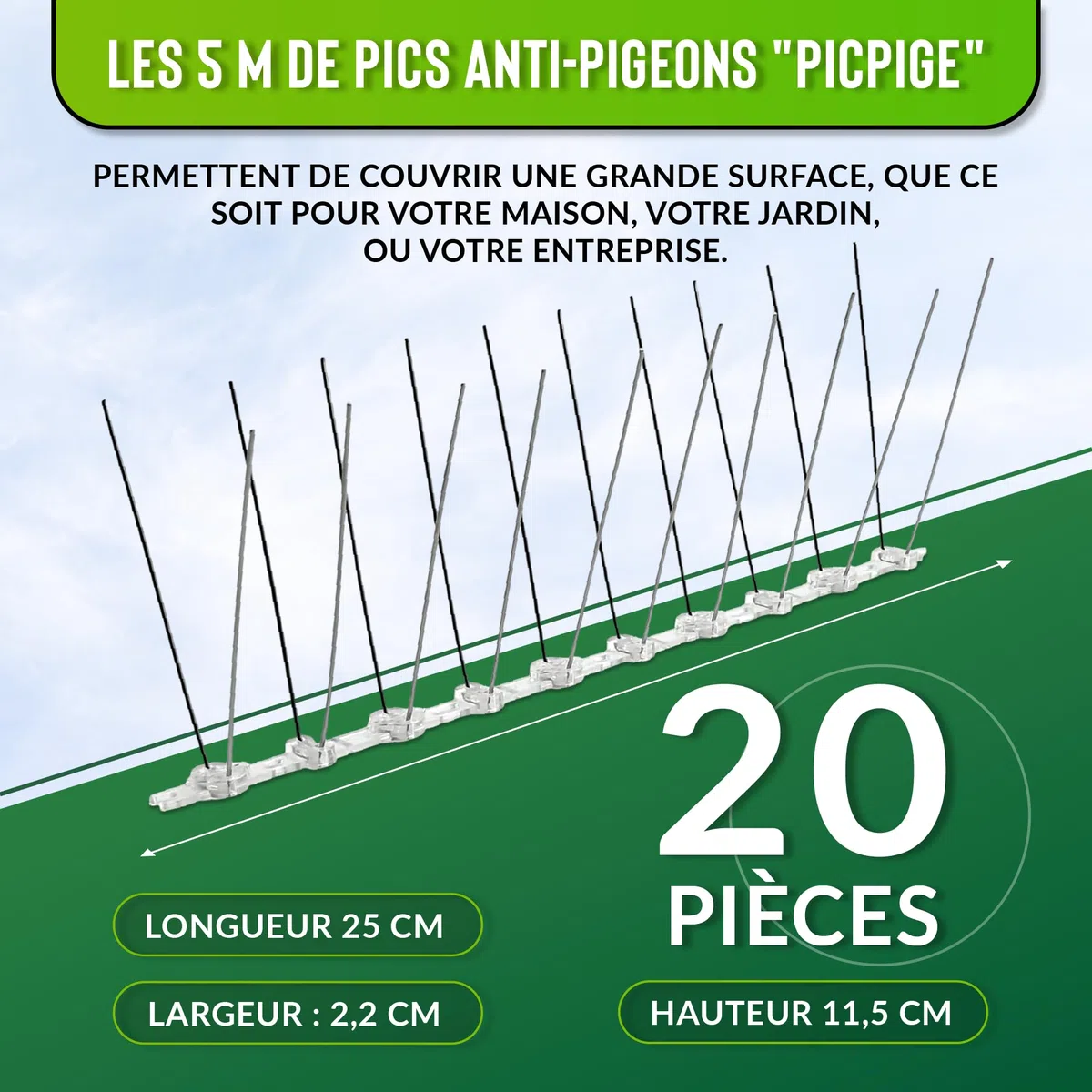 Pic Anti Pigeon - 5 Mètres - Acier Inoxydable - 5M de Double Face Inclus - Pique Anti Oiseaux -Anti nuisible pour Balcon,fenêtre,Toit- Antipigeon- Pic Anti Chat (5 Mètres)