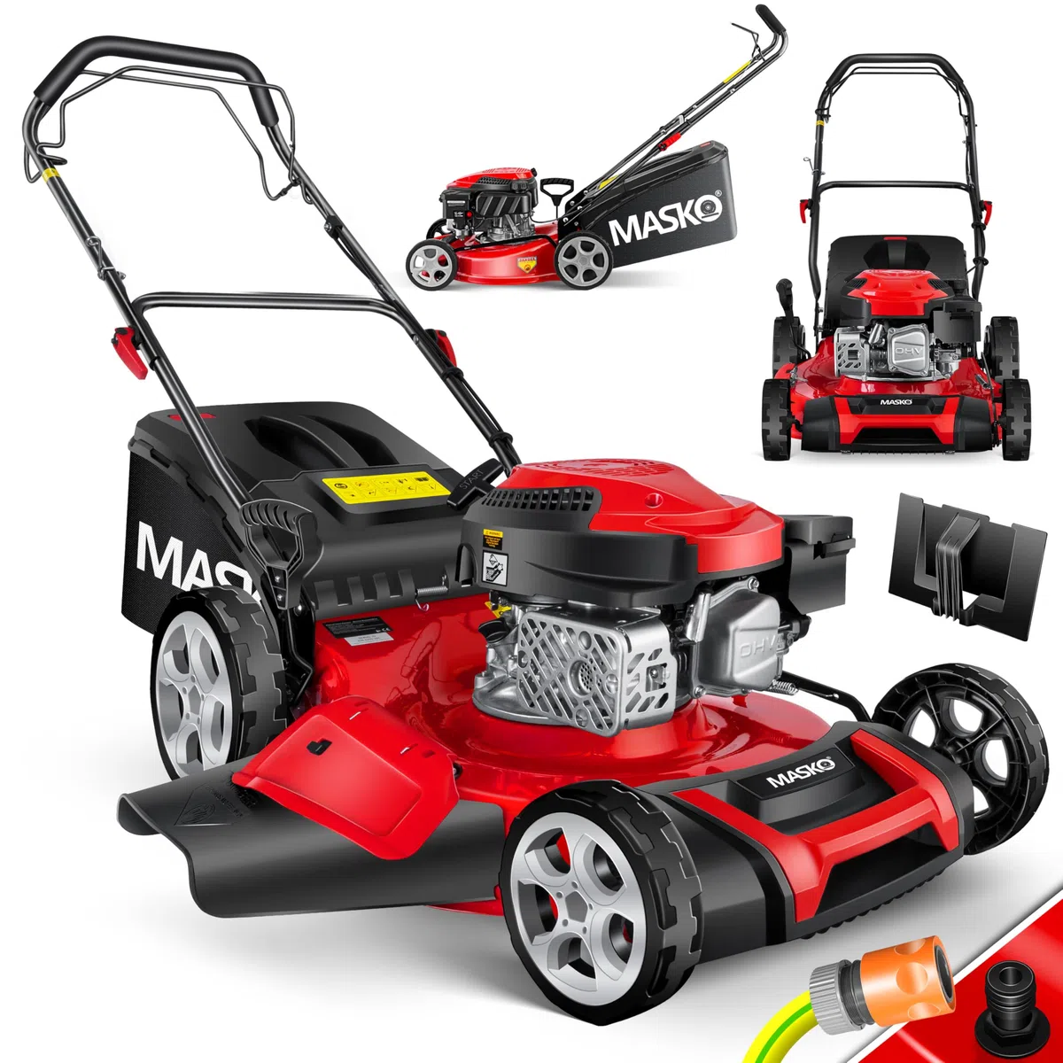 MASKO® Tondeuse à Essence 5 en 1 Roue motrice Fonction de Nettoyage, Largeur de Coupe 51cm, EasyClean Fonction Mulching Éjection latérale Largeur de Coupe élevée Réglage de la Hauteur de Coupe