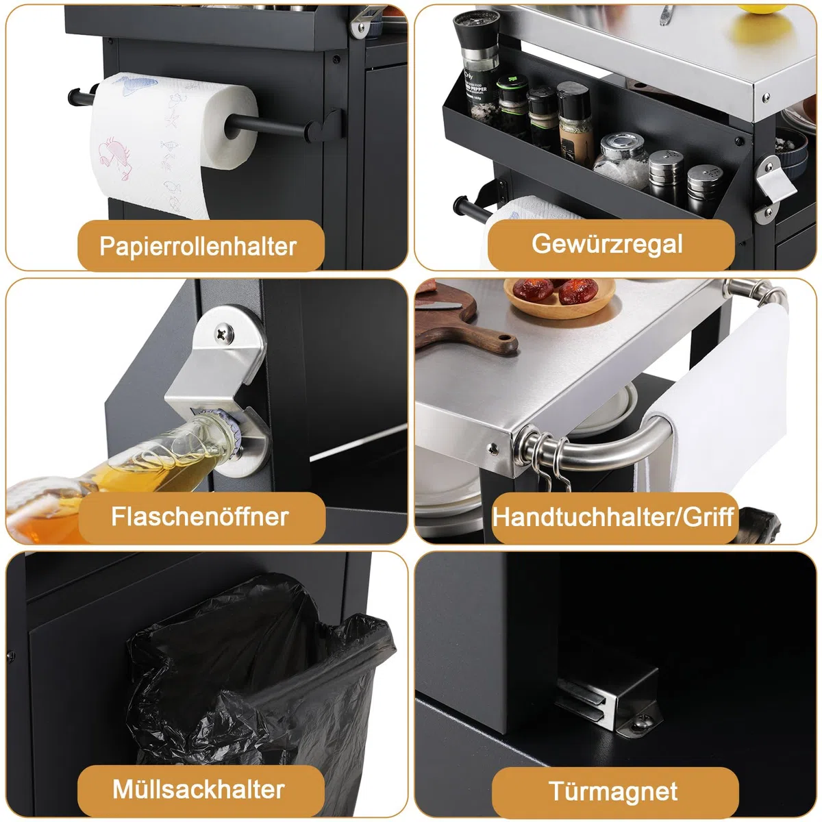 LIFERUN Chariot de Barbecue en Acier Inoxydable,Table de Barbecue avec Crochets, 2 roulettes et Armoire, Desserte Extérieure 3 Niveaux Plateau de Table INOX, Chariot BBQ pour Terrasse et Four à Pizza