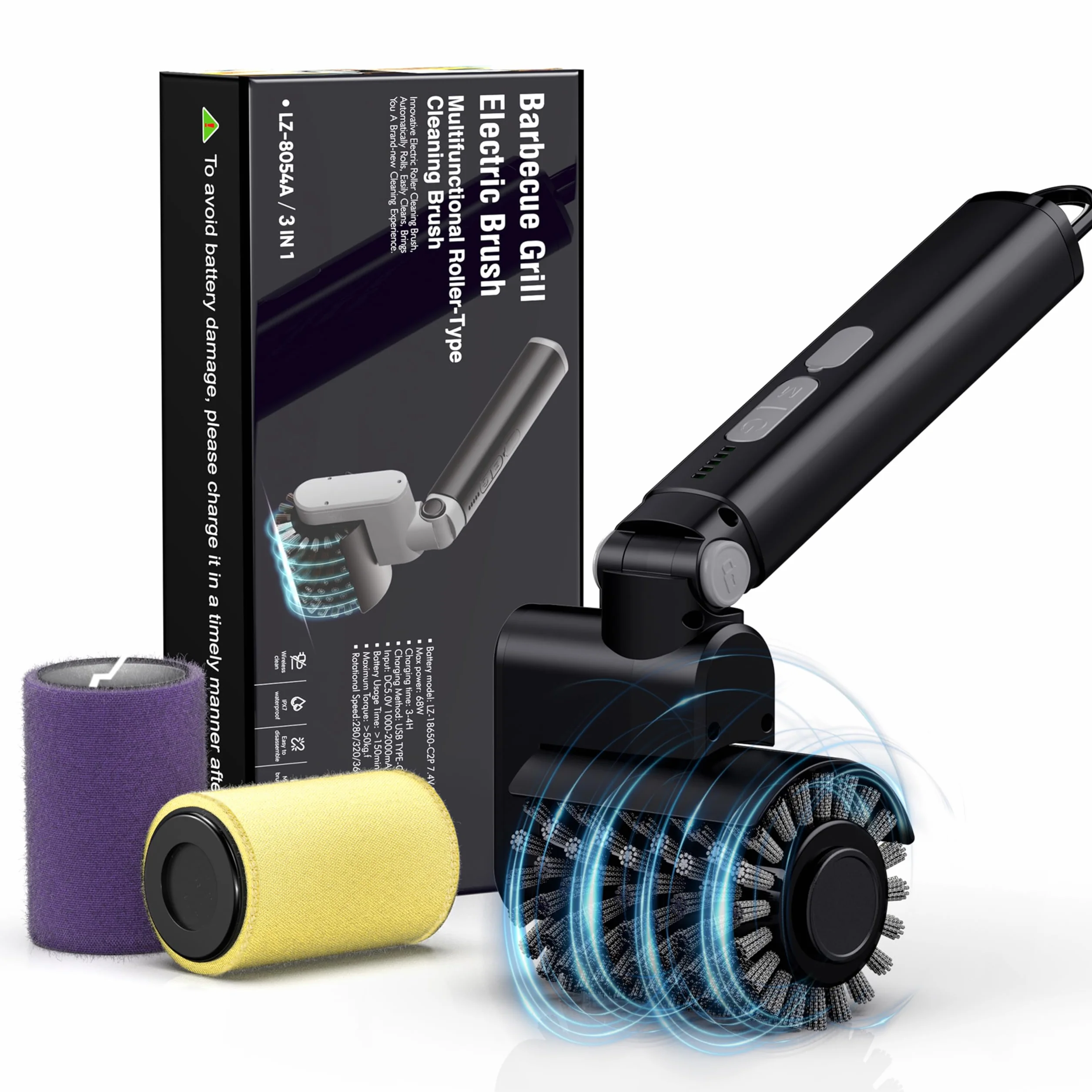Brosse de Gril Électrique Rechargeable sans Fil, Contrôle de Puissance 3 Vitesses, 2 Têtes de Brosse