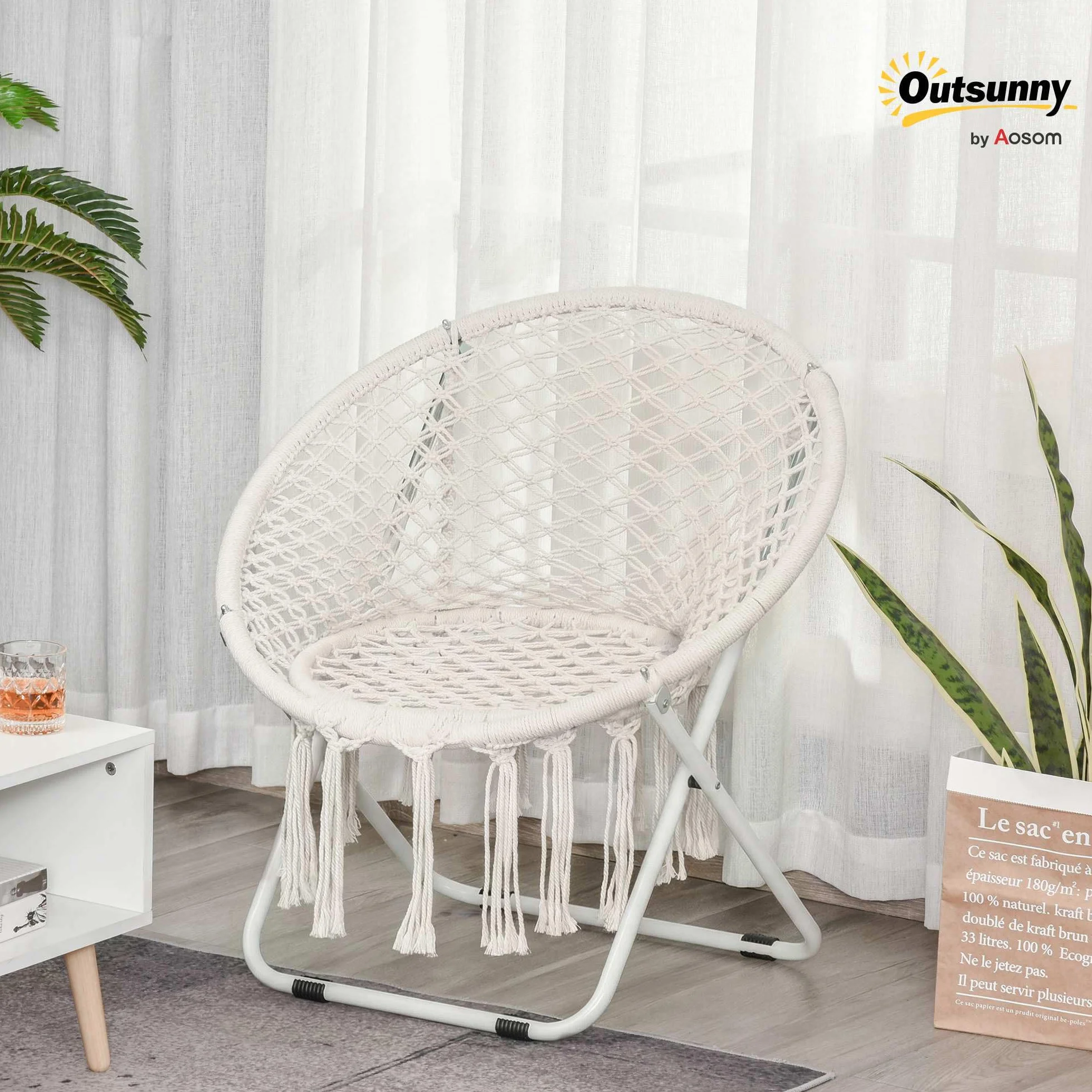Outsunny Loveuse Fauteuil Rond de Jardin Fauteuil Lune papasan Pliable Grand Confort macramé Coton Polyester Beige