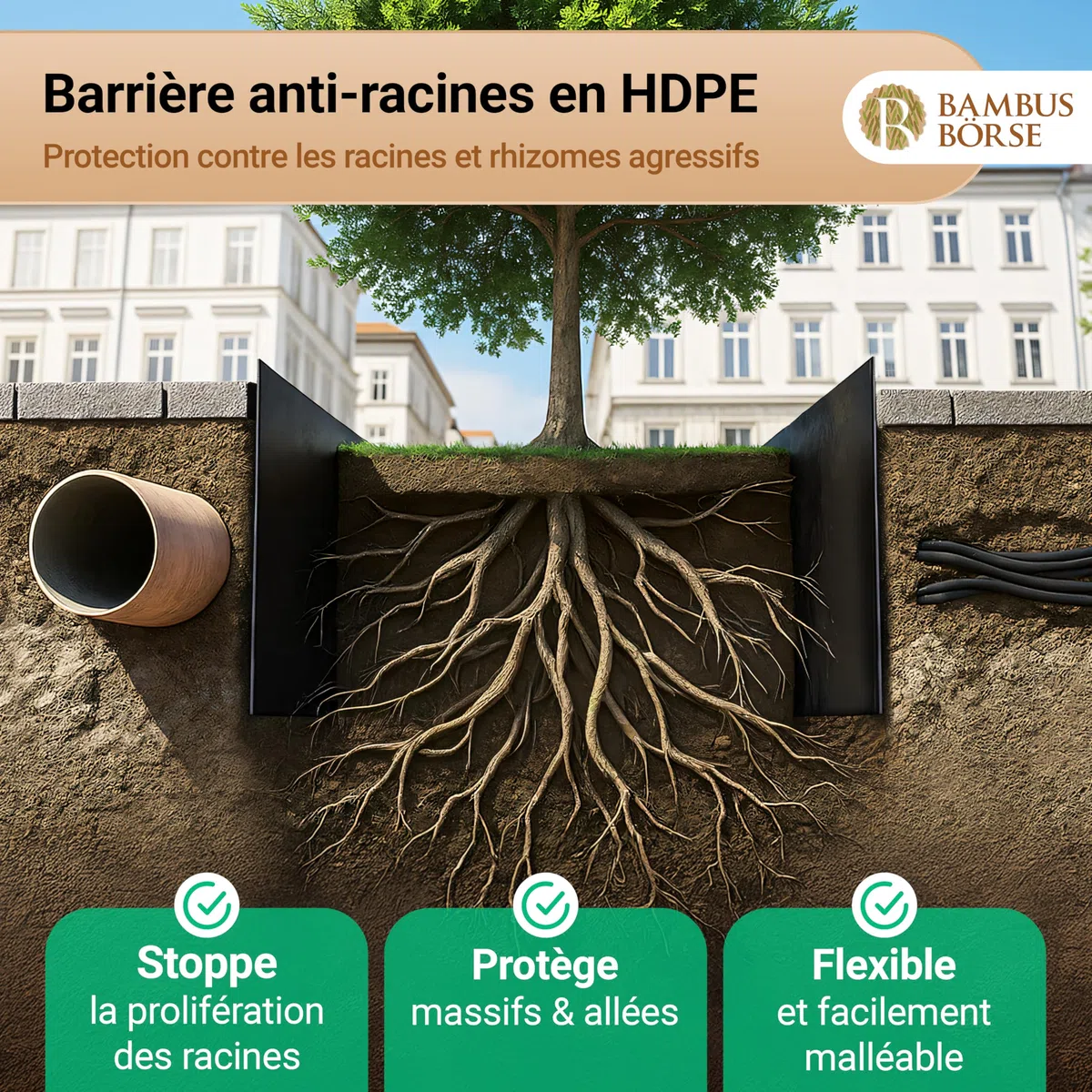 Barrière anti-racines de 70 cm de haut - Barrière anti-rhizomes avec rail de fermeture Épaisseur 2 mm - 15 m de longueur - En HDPE de haute qualité