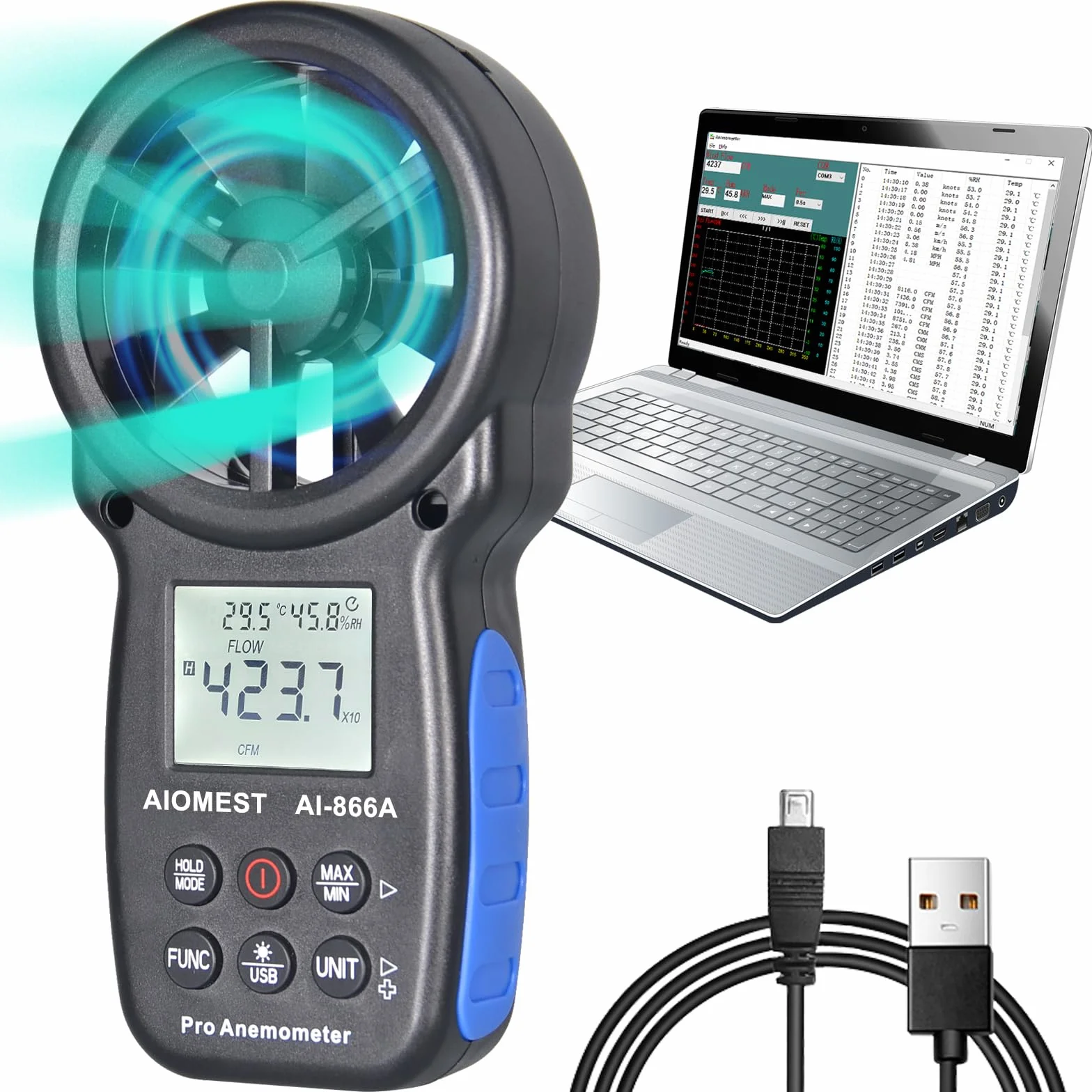 Anémomètre VMC m3/h Professionnel, AIOMEST Numérique Débitmètre d'Air AI-866A Mesurant la Vitesse, le Débit HVAC, Humidité, la Température pour Ventilation CVC, Extérieur Drones