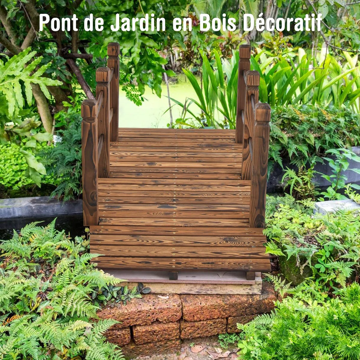 COSTWAY Pont de Jardin en Bois de Sapin Carbonisé Charge Maximale 150KG, Pont sur Étang 150 x 67 x 55 cm avec Double Garde-Corps de Sécurité, Décoration du Jardin pour Patio Cour (Marron foncé)