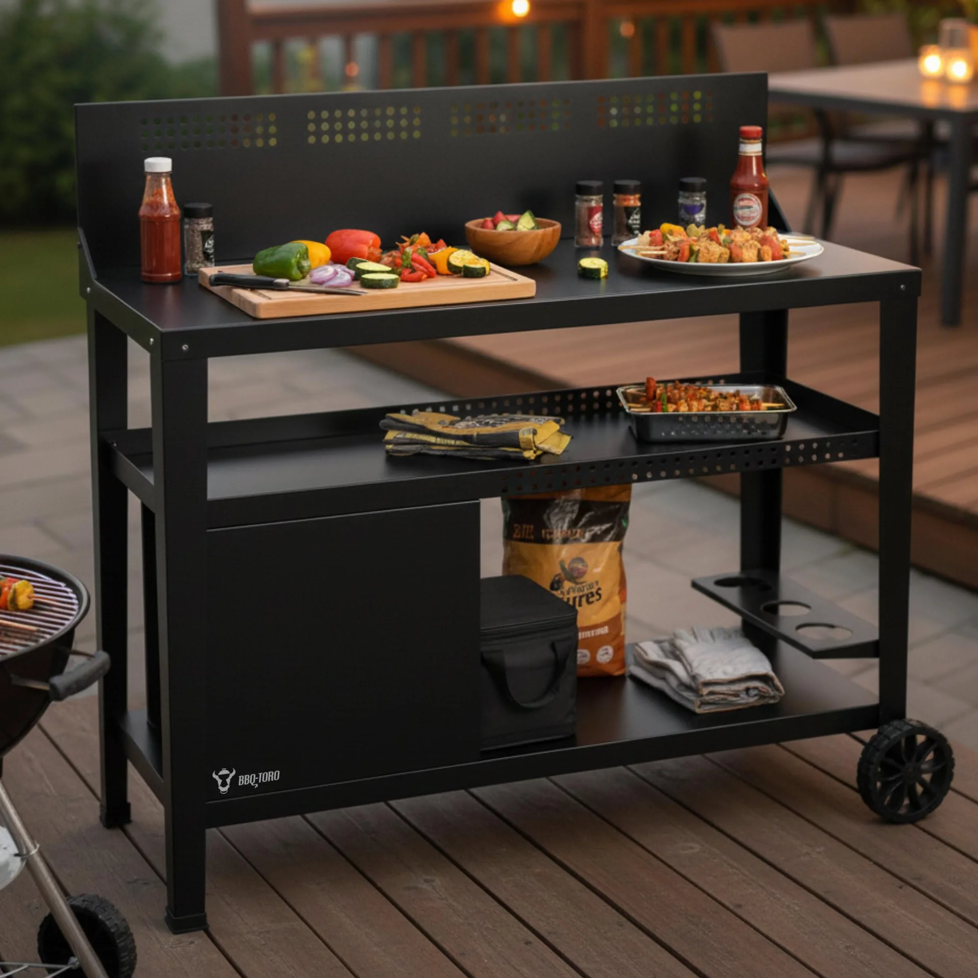 BBQ-Toro Chariot de barbecue 125 x 57 x 104 cm - Noir - Table de barbecue avec grande surface de travail - Table d'appoint de barbecue avec protection contre le vent - Chariot de barbecue d'extérieur