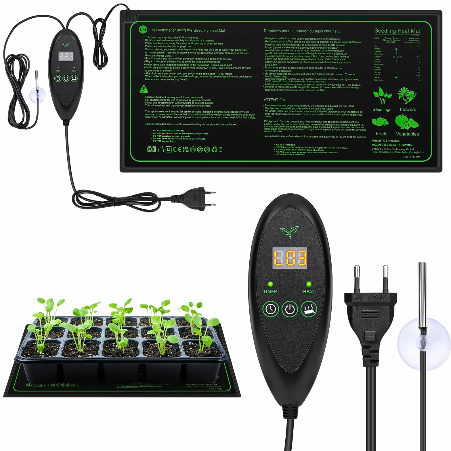 Tapis Chauffant pour Plantes avec Thermostat, 6 Niveaux de Température et Minuterie, 30W, 53x25cm