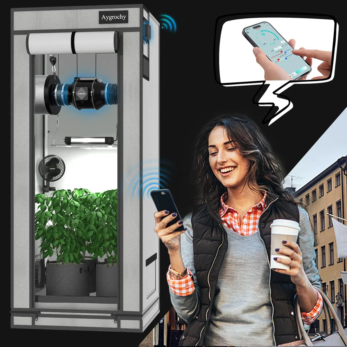Aygrochy 150mm Wifi App Ventilateur en Ligne Kit avec régulateur de température et d'humidité, Extracteur d'air avec Filtre à Charbon d'air et Tuyau d'évacuation pour Culture hydroponique