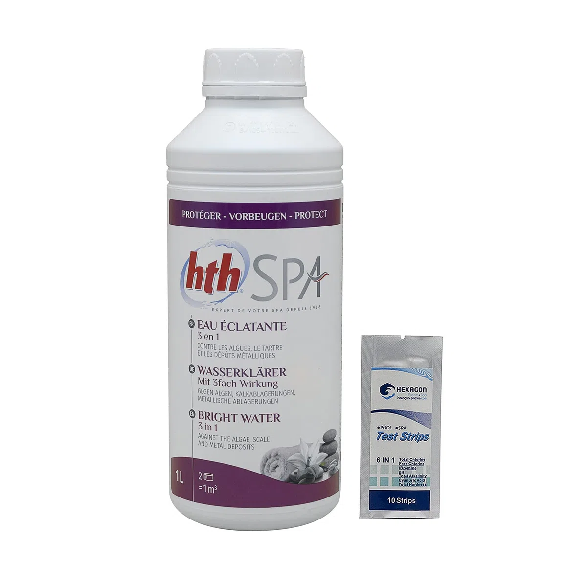 HTH Spa Eau ECLATANTE 3 en 1 Liquide - 1L | Clarifiant - Non moussant + 10 Tests HPS OFFERTS 6 en 1