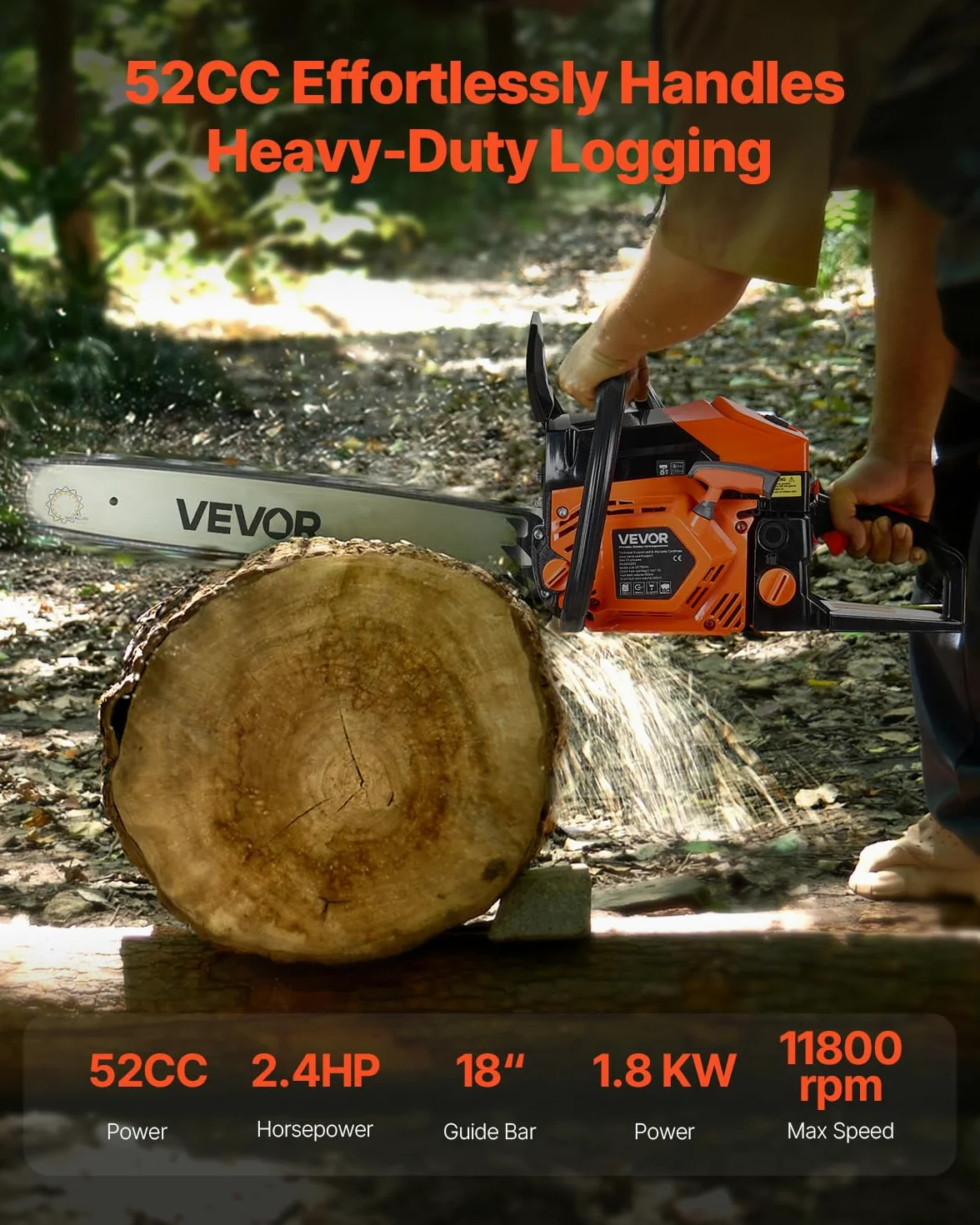 VEVOR Tronçonneuse à Essence 455 mm, Tronçonneuse Thermique 52 cc, 1,8 kW, avec Poignée Antidérapante, Double Réservoir de Carburant, pour Coupe de Bois, Élagage de Branches des Arbres, Défrichement