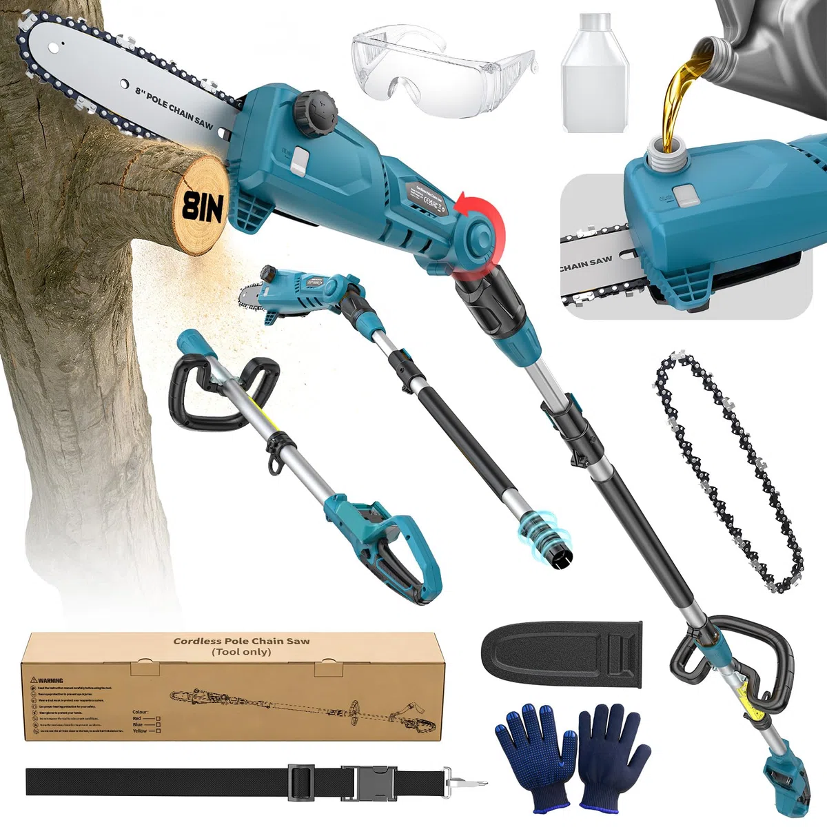 LIVOWALNY Elagueuse sur Perche Compatible avec Batteries Makita 18V, Tronçonneuse 8 Pouces, Perche Télescopique 2,1 à 2,7m, Lubrification Auto, Tête Coupe Inclinable 0 à 45°(Outils Uniquement)-Bleu
