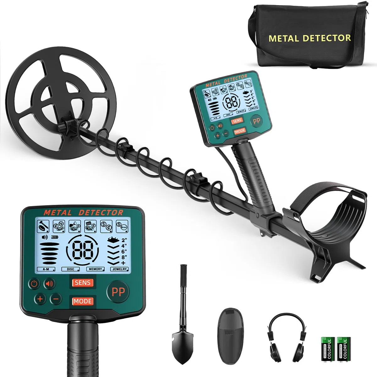 Détecteur de métaux professionnel avec 2 batteries rechargeables, 5 modes Détecteurs de métaux pour adultes et enfants, IP68 étanche Bobine de recherche de 26 cm avec écran LCD, écouteurs (Vert Foncé)