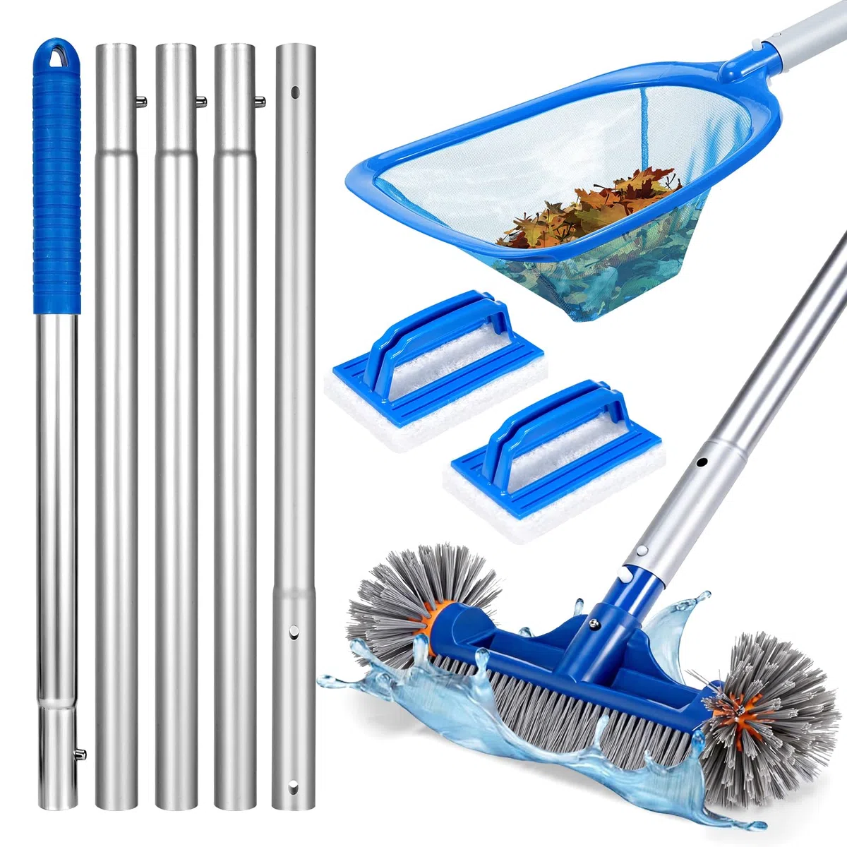 Balai Brosse Piscine Épuisette Piscine Kit de Nettoyage de, 2 Brosse Éponge, Brosse de avec Extrémités Rondes avec 170CM Télescopique Réglable pour Nettoyer la Fontaine Bassins