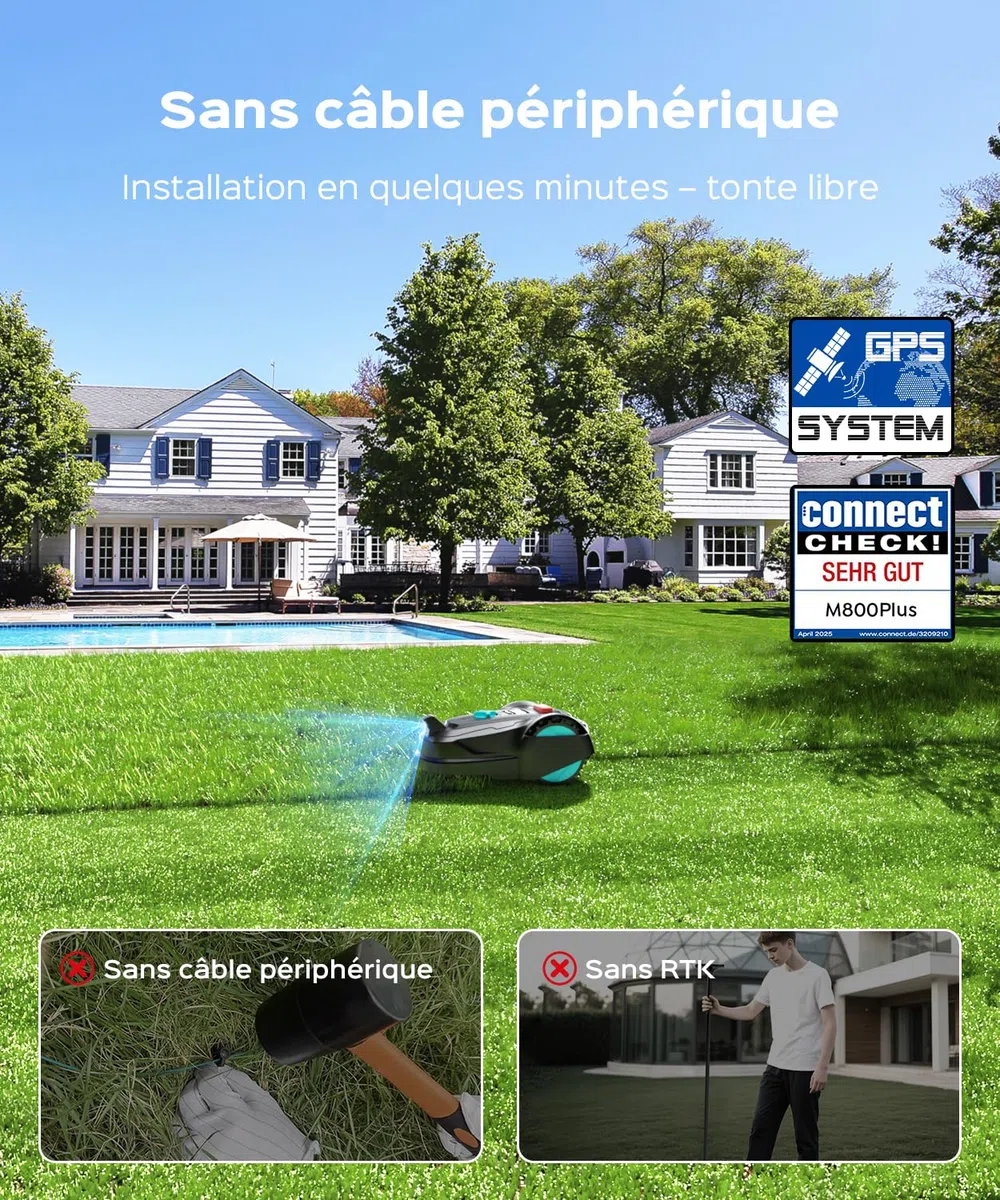 YARDCARE M800Plus Robot Tondeuse Sans Fil Périphérique,jusqu'à 800 m²,Positionnement GPS +Vision, Tondeuse Robot Sans Câble,Mode de Tonte en U,Contrôle Via App,Recharge Automatique,Détection Obstacles