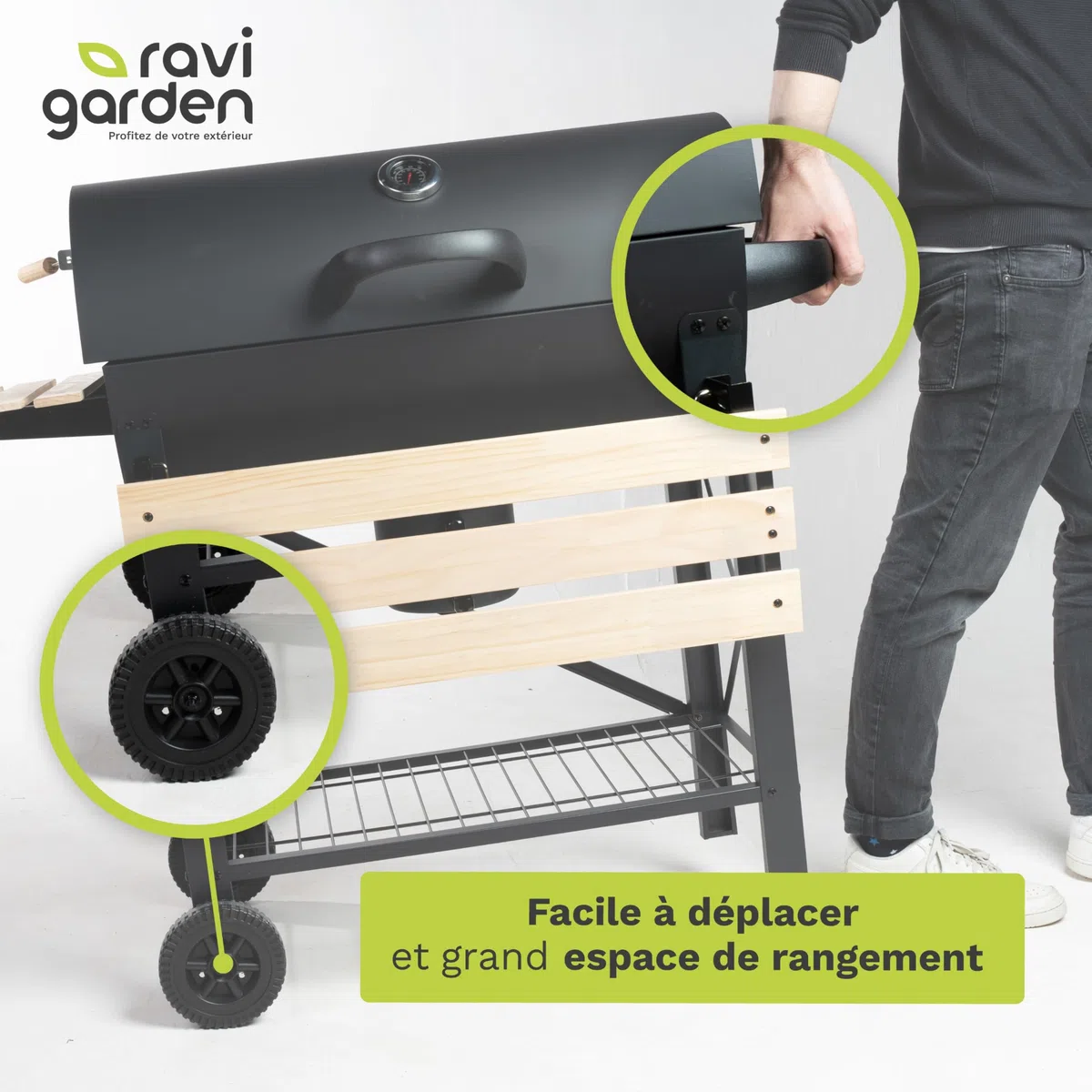 Barbecue Charbon de Bois XXL avec Couvercle, Grille 71x38 cm, 2 Tablettes Rabattables, Récupérateur de Cendres