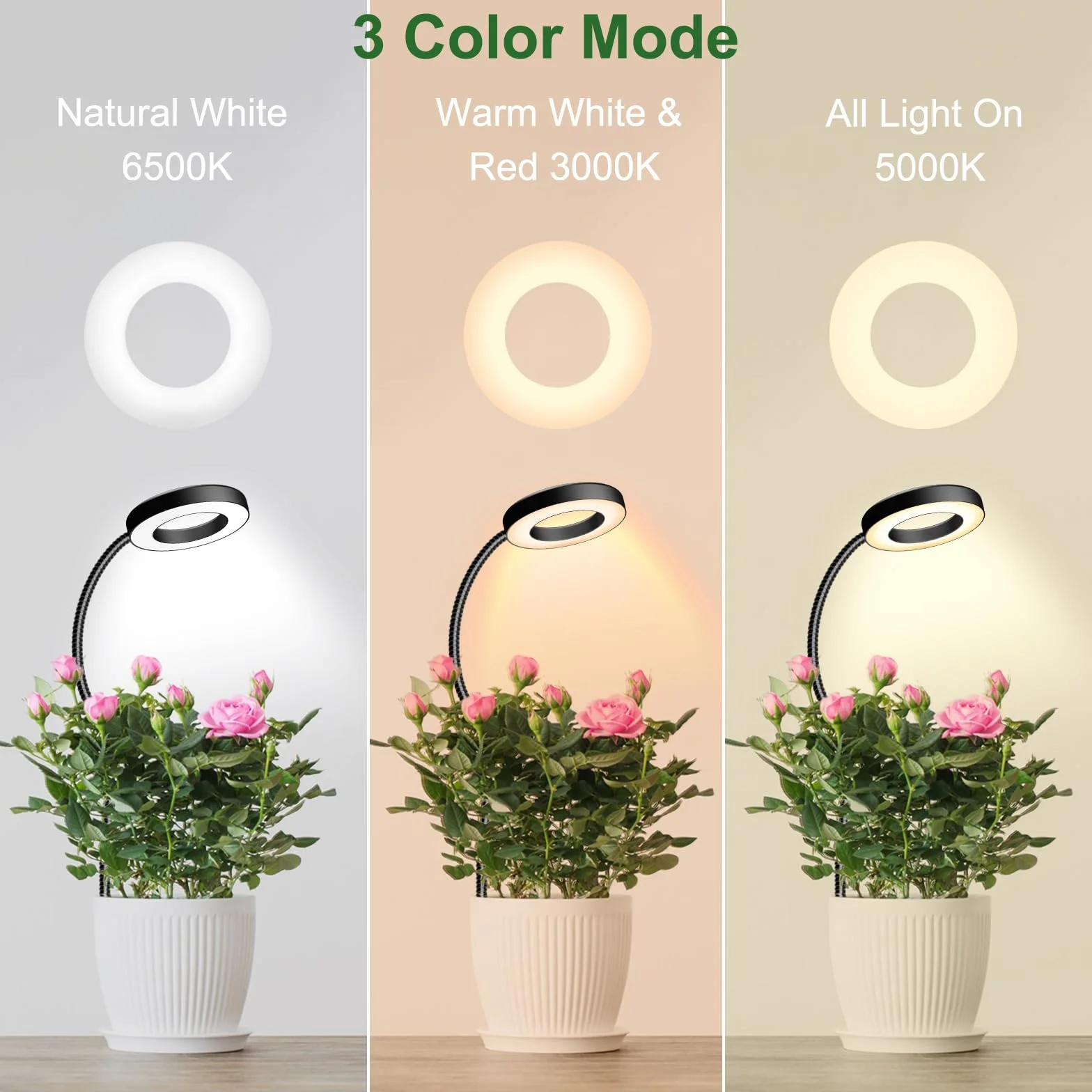 LED Pflanzenlampe Vollspektrum 6500K Grow Light mit 360° Schwanenhals, 3 Farbtemperatur, 5 Helligkeit, Timer