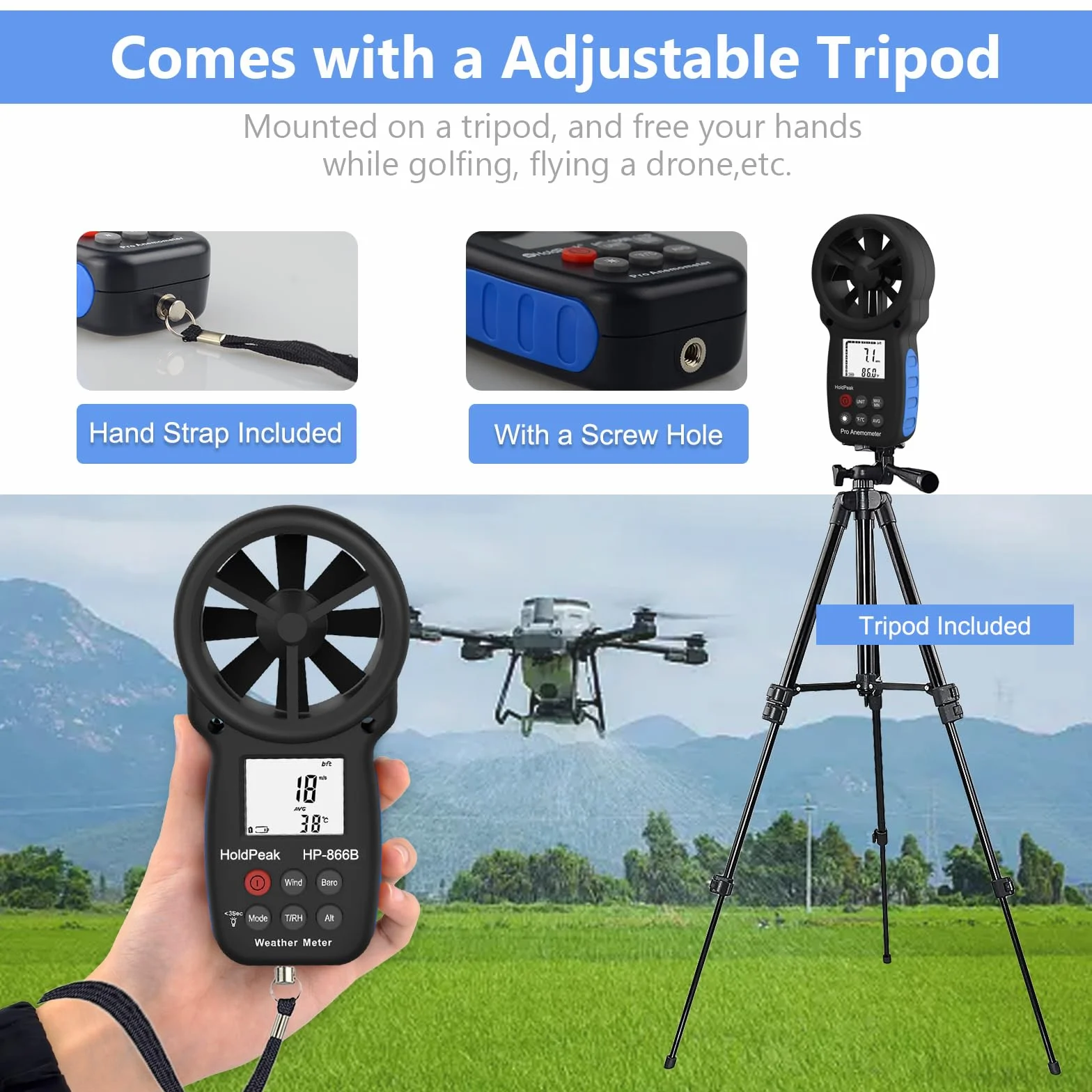 Anémomètre portable Bluetooth avec support, compteur numérique de vitesse du vent, appareil de mesure de la température du débit d'air CFM pour HVAC en plein air, voile, tir au golf, 866B-APP