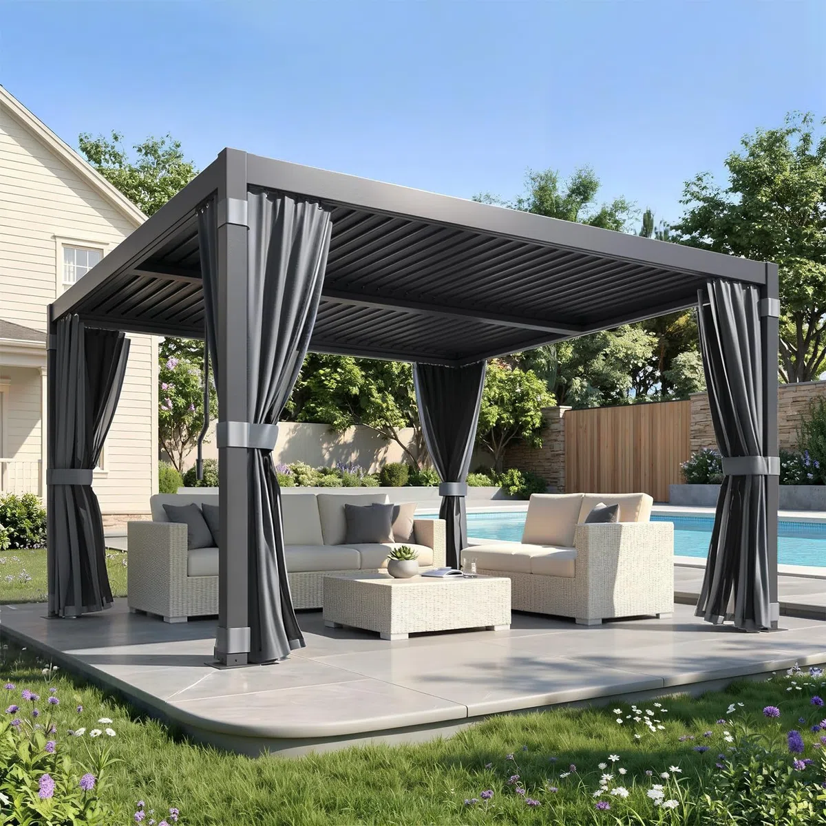 Pergola Bioclimatique 3x3 m, Pergola en Aluminium et Acier avec Toit à Lamelles Orientables, Tonnelle de Jardin avec Rideaux Étanches et Moustiquaires, Noir